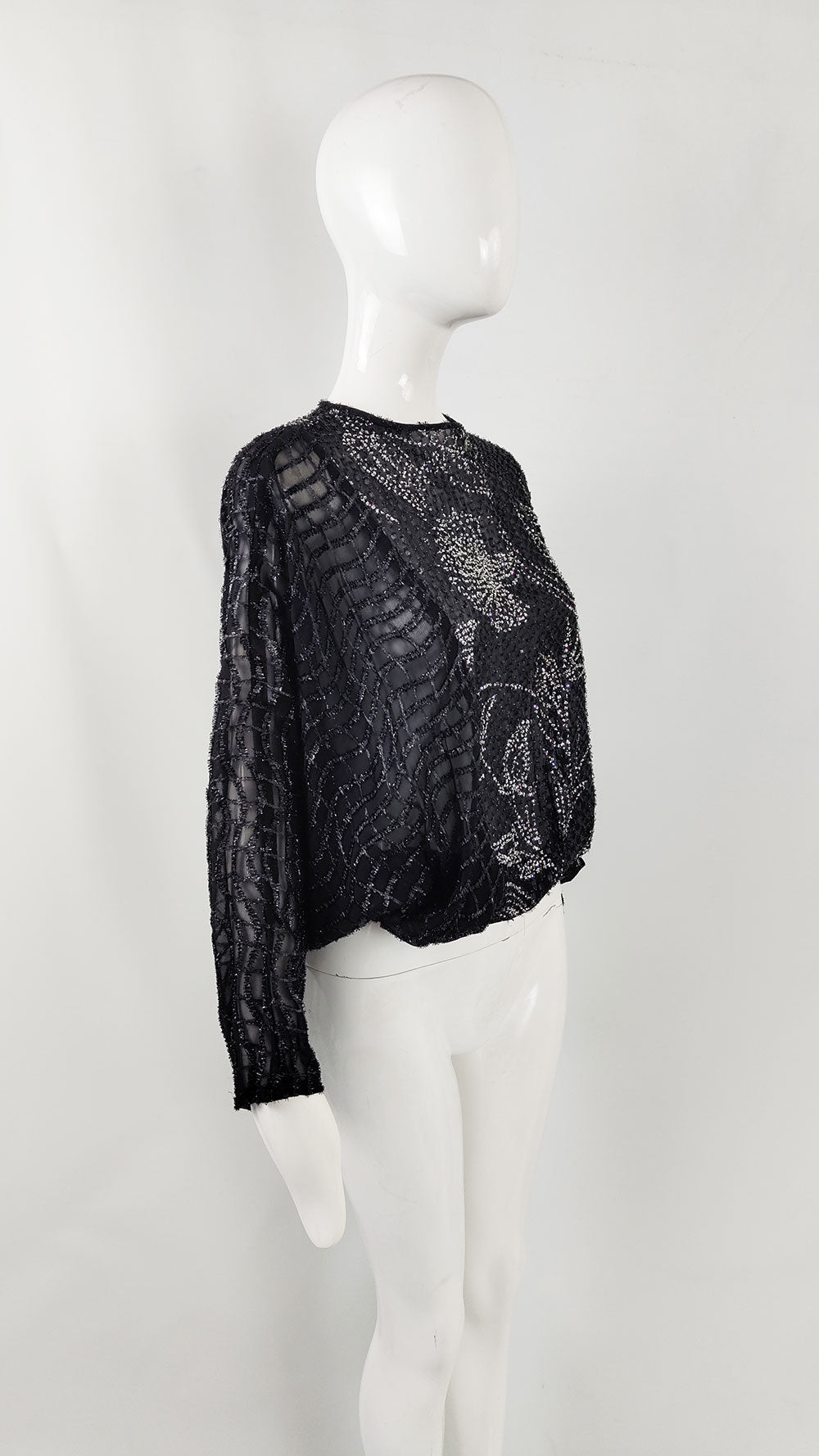 Trudie McCarthy Vintage Sheer Black Batwing Blouse, 1980s