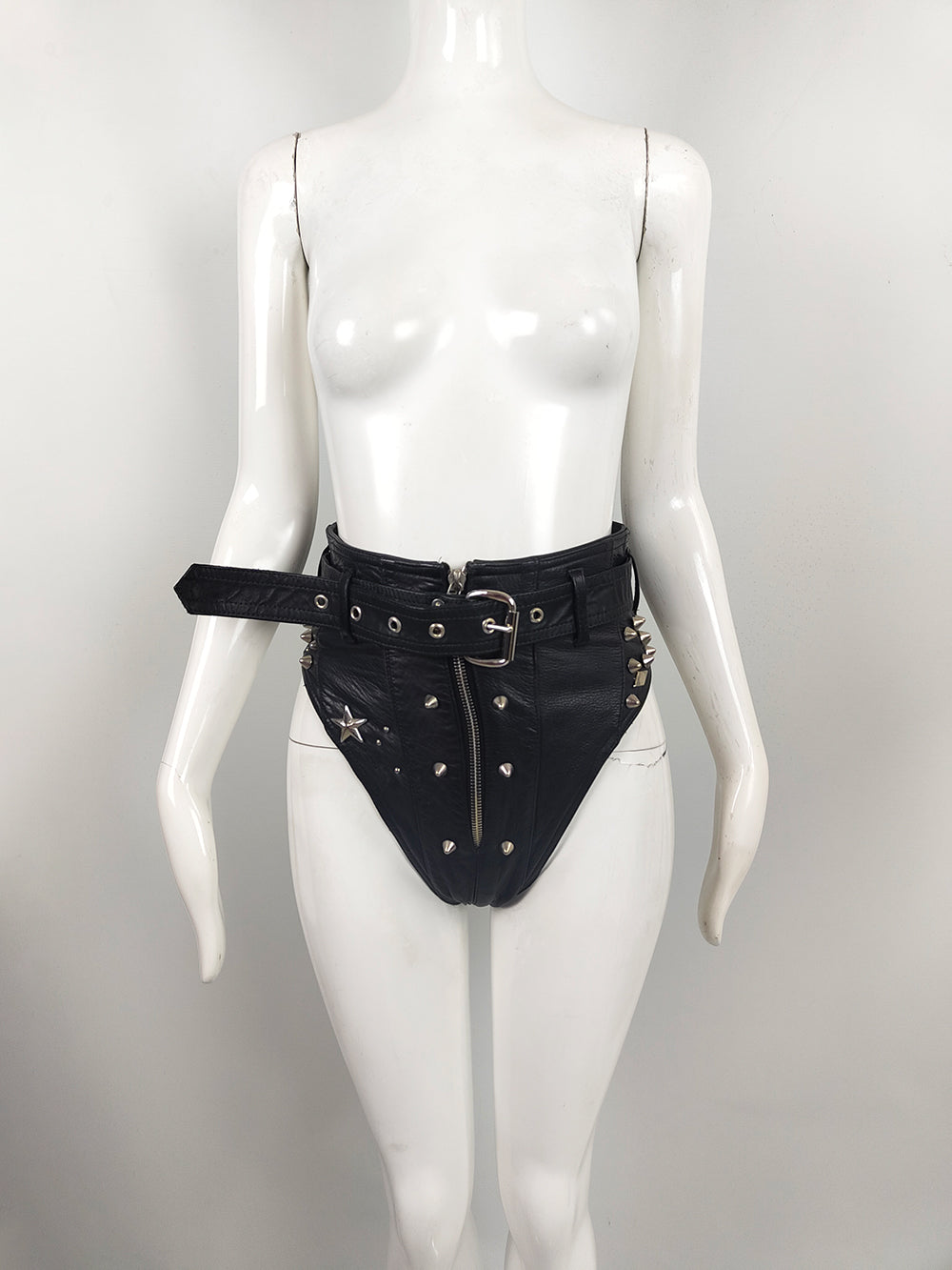 Katharine Hamnett Vintage Black Leather 'Clean Up or Die' Studded Hot Pants, 1990
