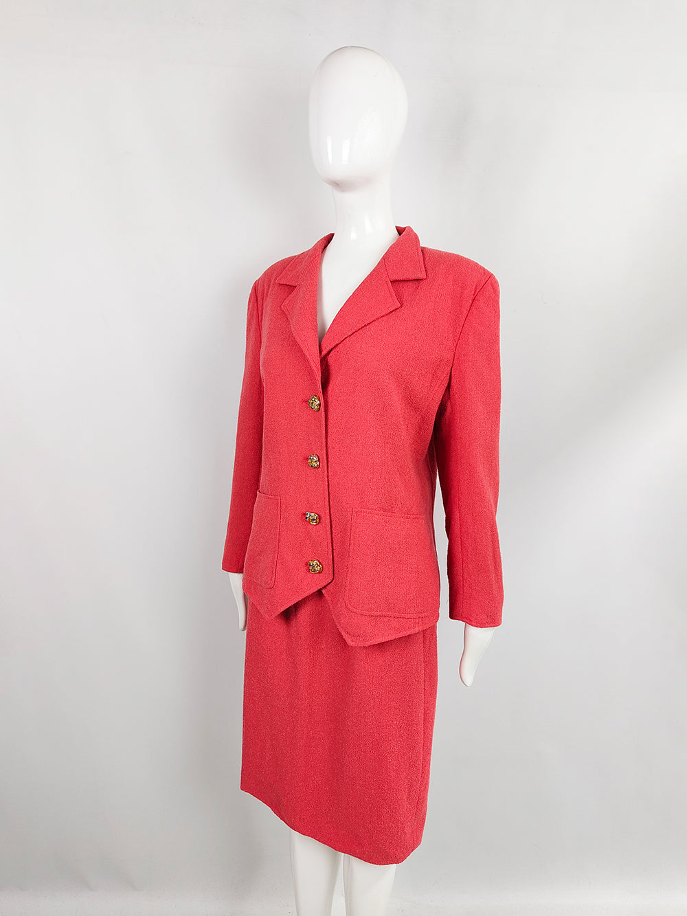Valentino Vintage Womens Coral Pink Bouclé Tweed Skirt Suit, 1980s