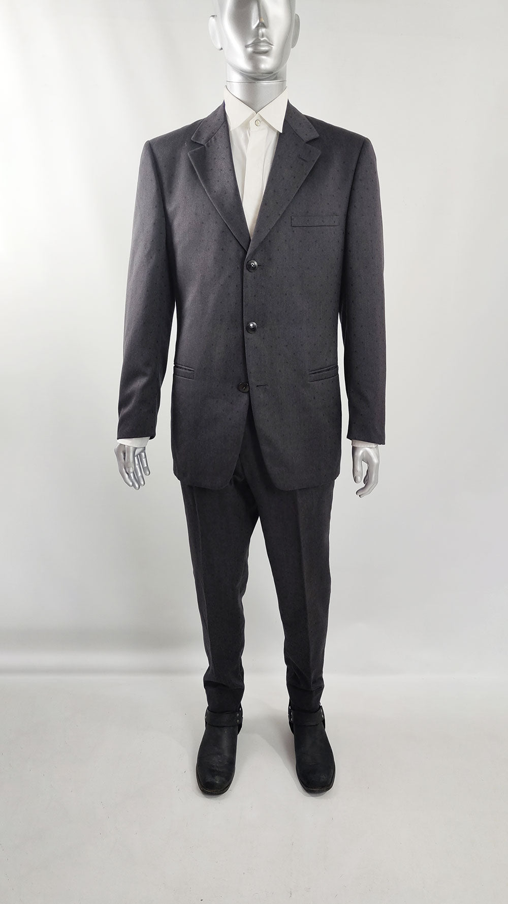 A vintage mens Versace charcoal grey wool suit from the 90s.