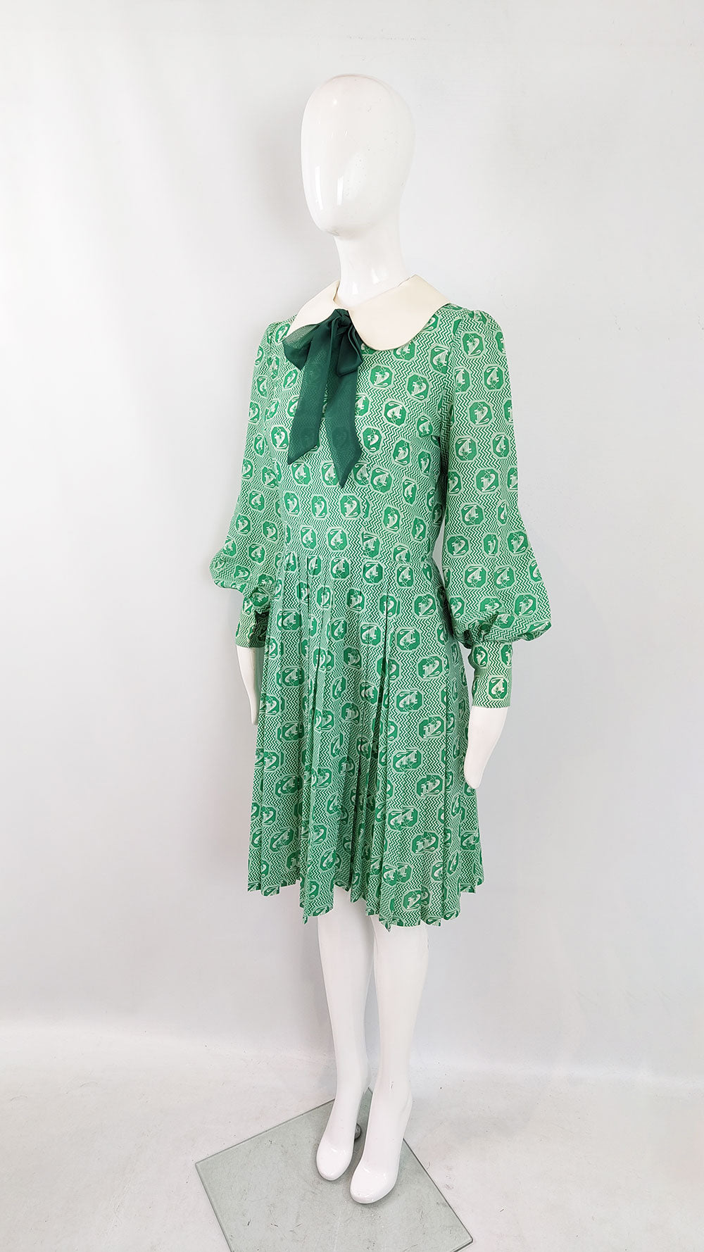 Jean Allen Vintage Bishop Sleeve Green Dress, 1960s