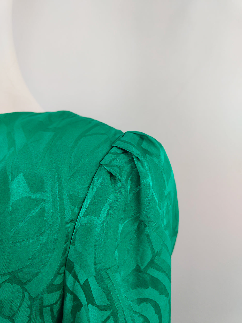Oleg Cassini Vintage Pure Silk Satin Jacquard Green Blouson Dress, 1980s