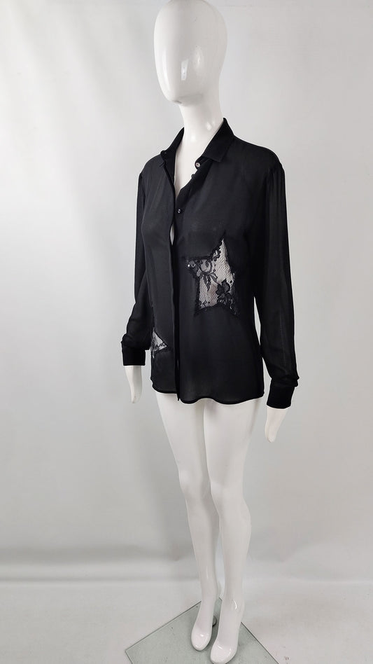 A vintage 2000s Blumarine Blugirl blouse with long sleeves and lace star cut out at the sides.