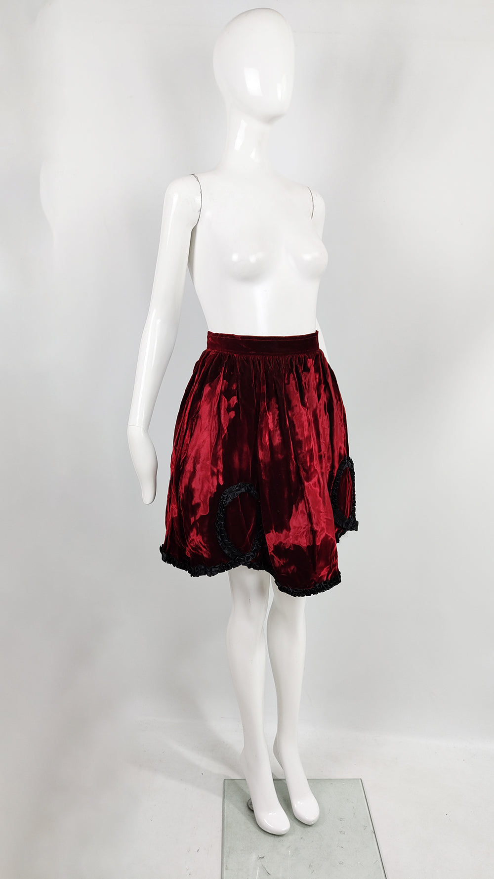 Helen Storey Vintage Deep Red Crushed Velvet Ribbon Trim Skirt, 1980s