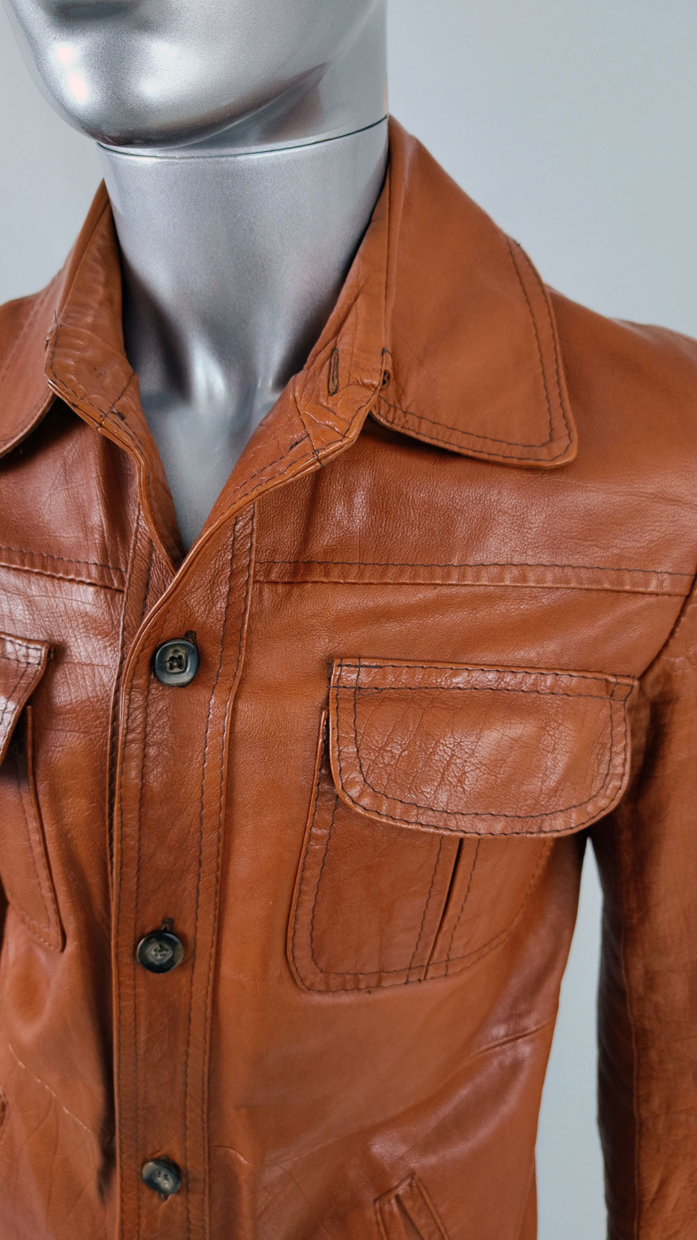 Hepworths Vintage 1970s Mens Burnt Orange Real Leather Jacket