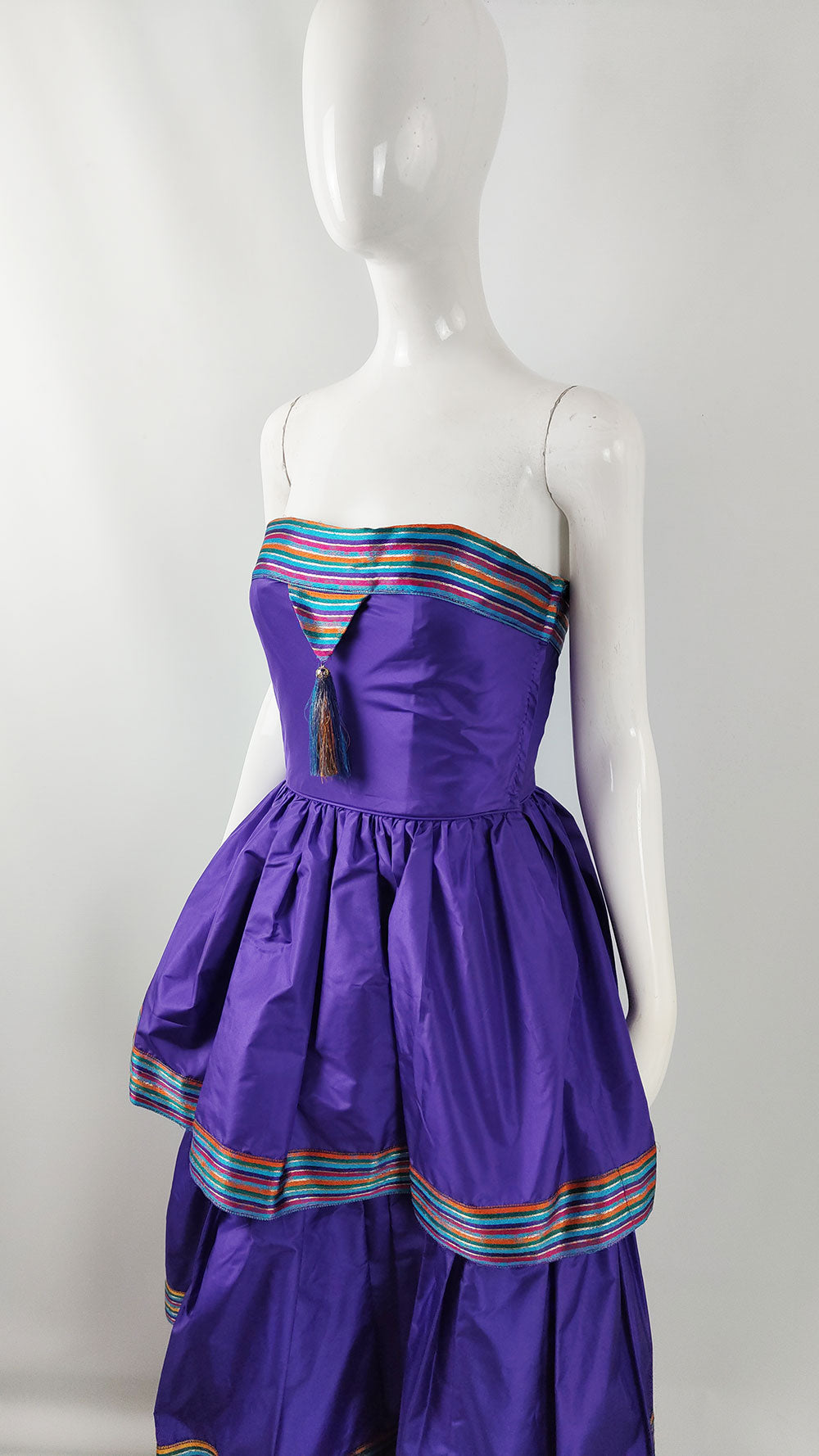 Bellville Sassoon Vintage Purple Silk Taffeta Tiered Evening Dress, 1980s