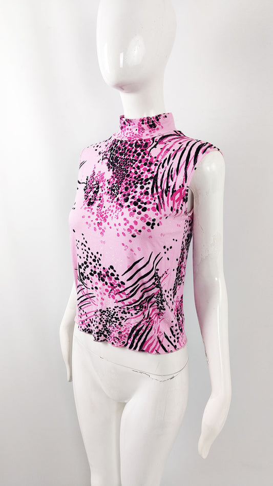 A mannequin displaying a stylish Y2K vintage Emanuel Ungaro top in a vibrant pink animal print fabric. The top features a fashionable mock neck and a chic sleeveless design, perfectly capturing the essence of the era.