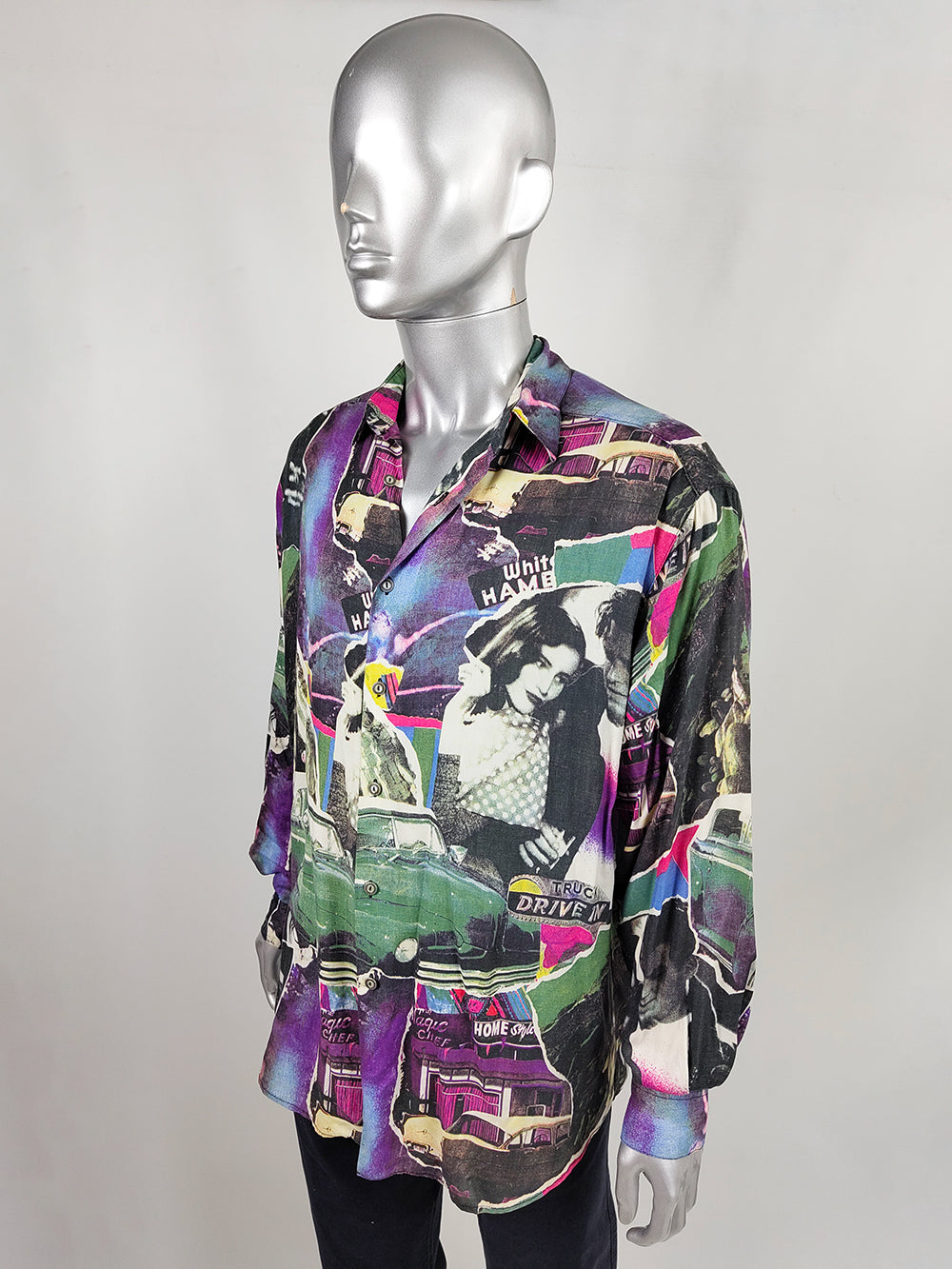 Mens Vintage Old Hollywood Print Long Sleeve Viscose Shirt, 1990s