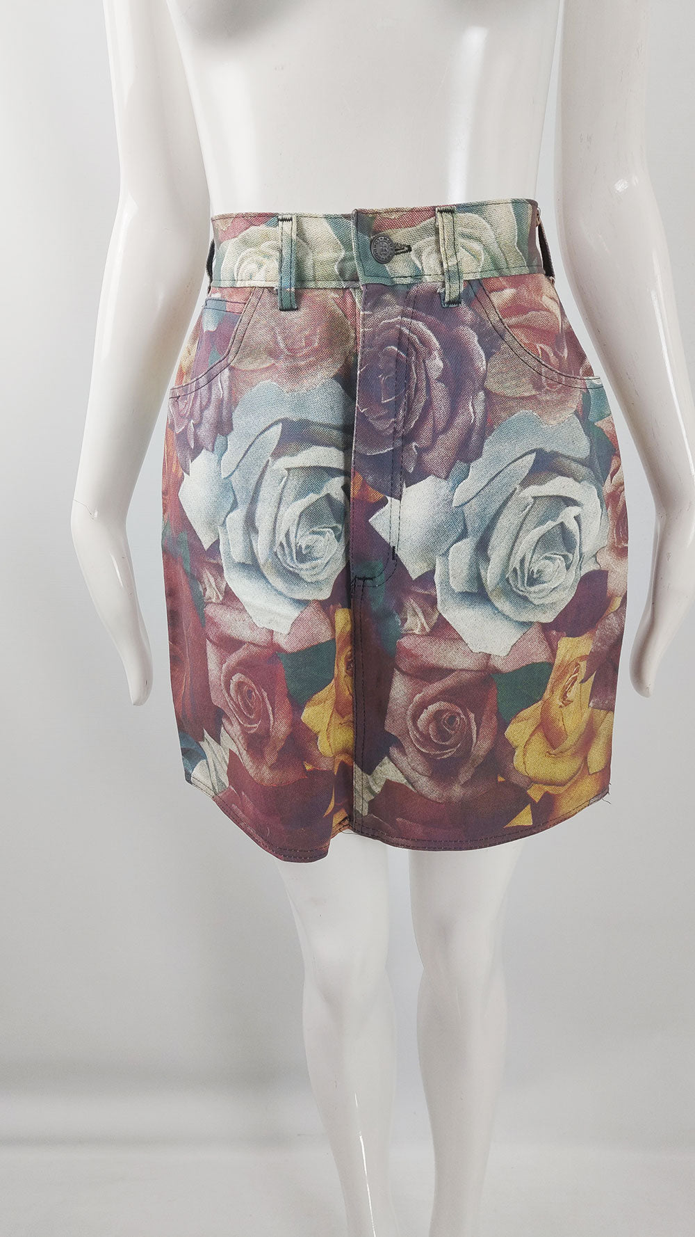 A flower pattern digital print denim skirt by iconic British punk label, Modzart.