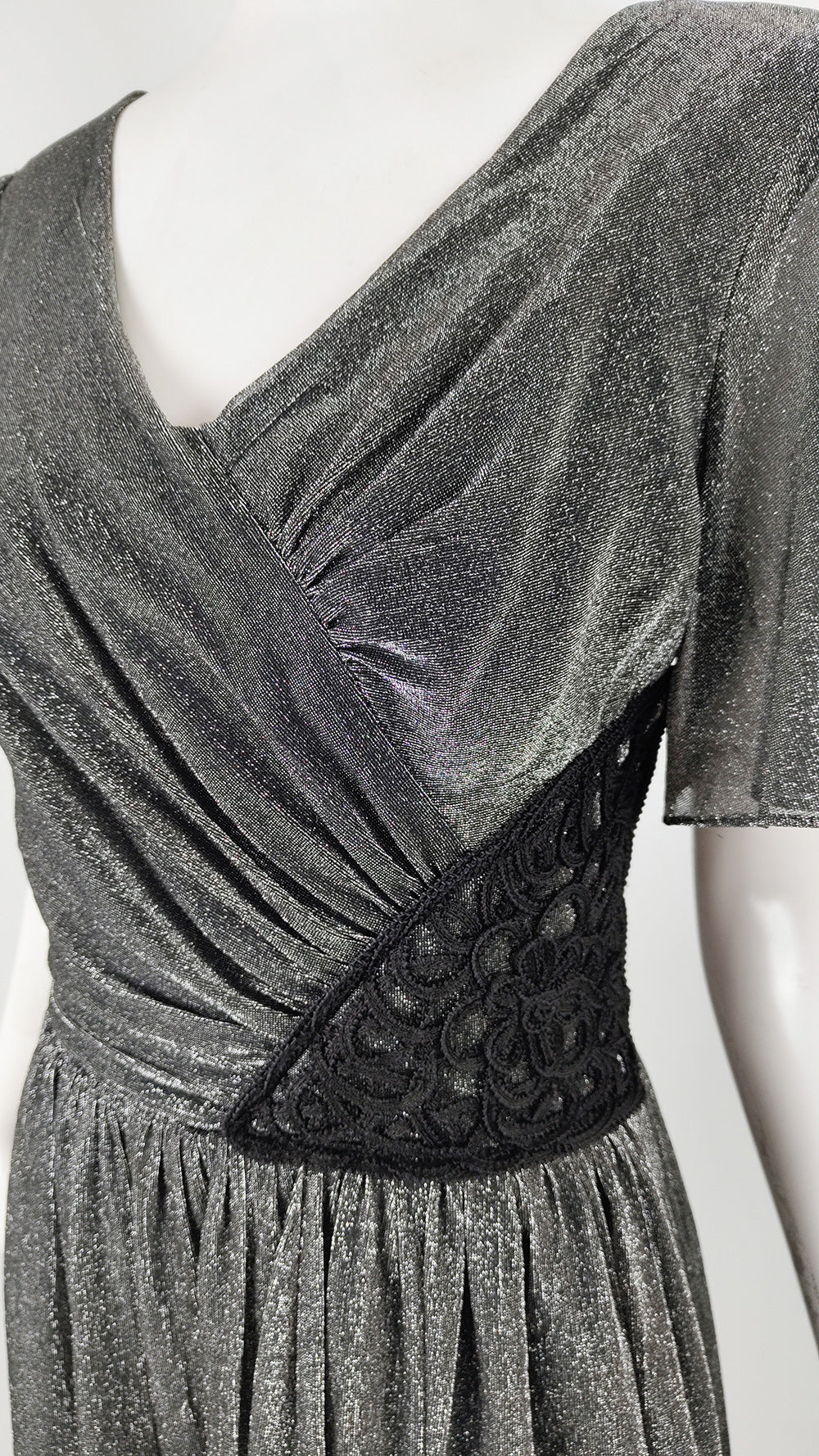 John Charles Vintage 70s Silver Lurex & Black Lace Evening Dress, 1970s