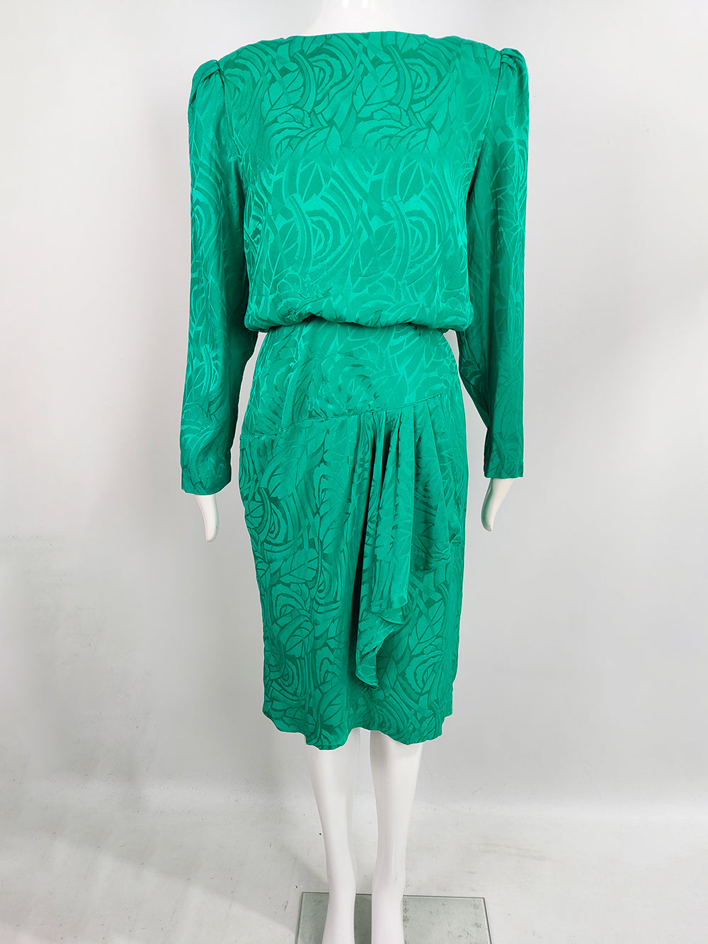 Oleg Cassini Vintage Pure Silk Satin Jacquard Green Blouson Dress, 1980s