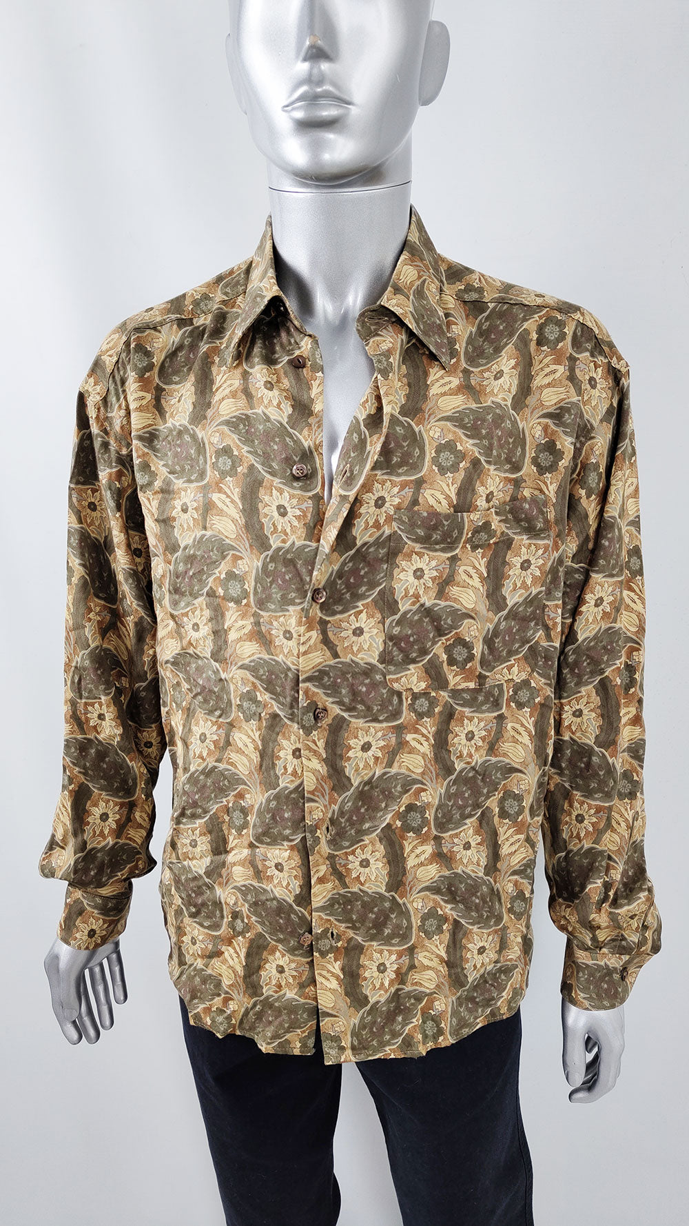 Byblos Vintage Mens Brown & Green Flowy Paisley Shirt, 1980s