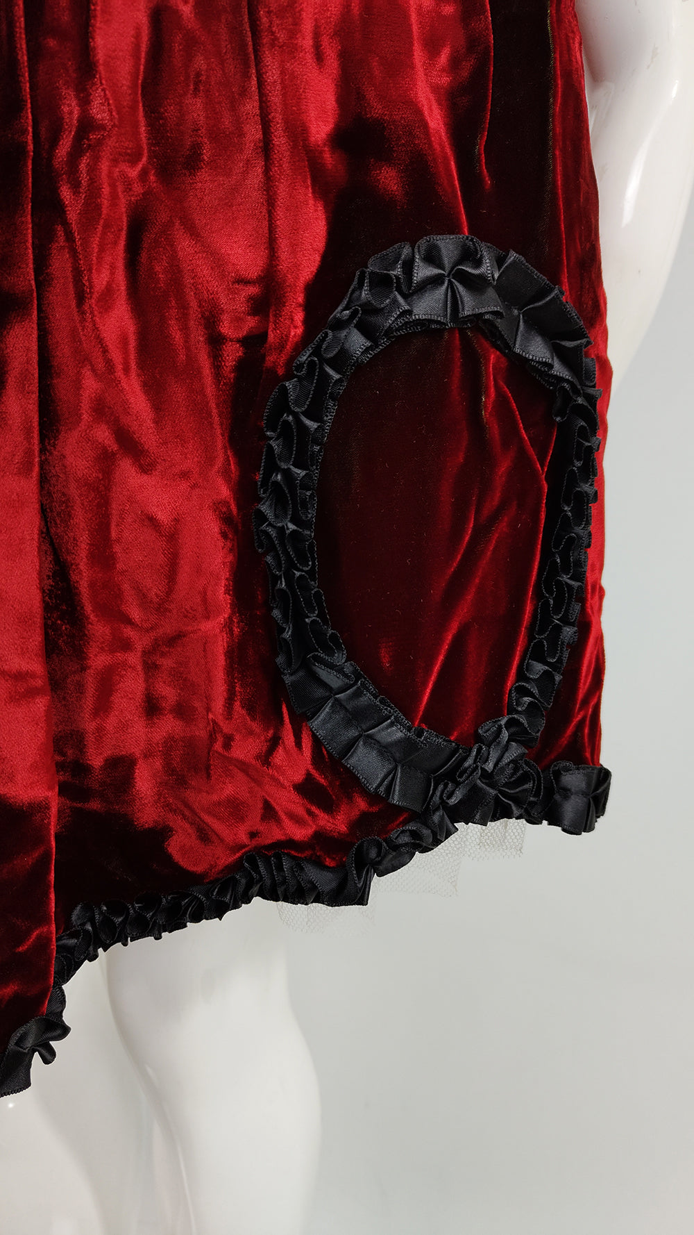 Helen Storey Vintage Deep Red Crushed Velvet Ribbon Trim Skirt, 1980s