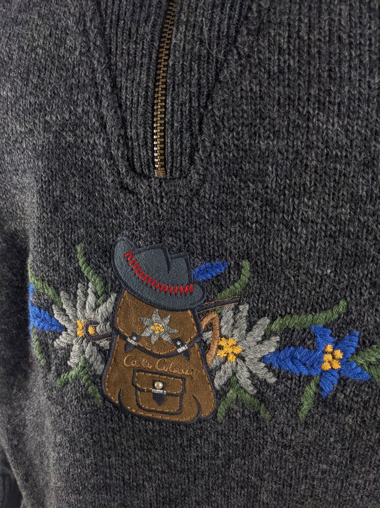 Carlo Colucci Vintage Mens Cable Knit & Embroidered Suede Sweater