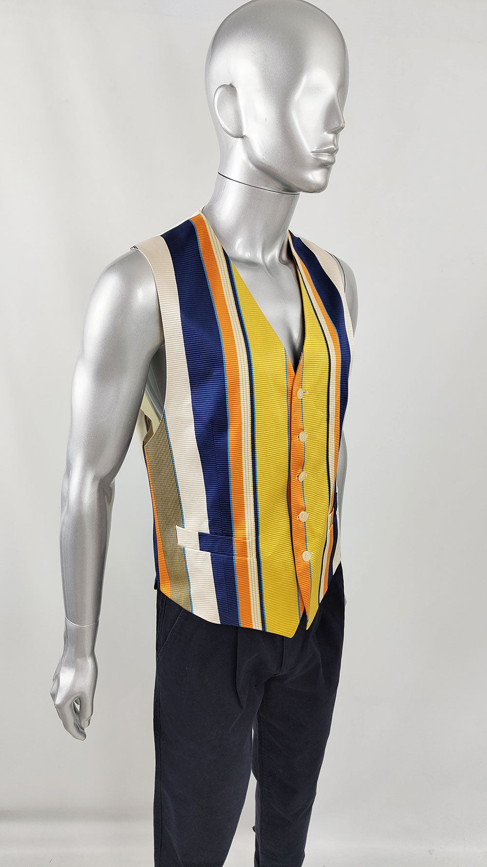 Kenzo Vintage Mens Orange & Blue Striped Silk Waistcoat