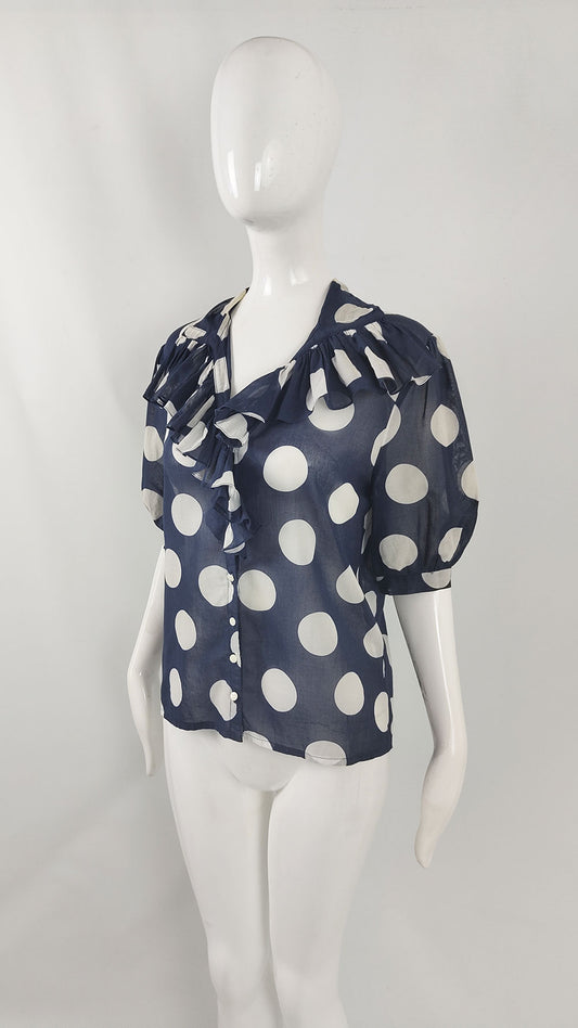 Jean Dessés Vintage Navy Sheer Cotton Blouse, 1980s