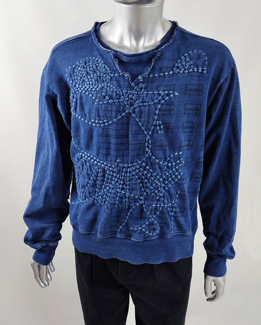 A rare example of a vintage Japanese sweatshirt featuring sashiko embroidery repairs.