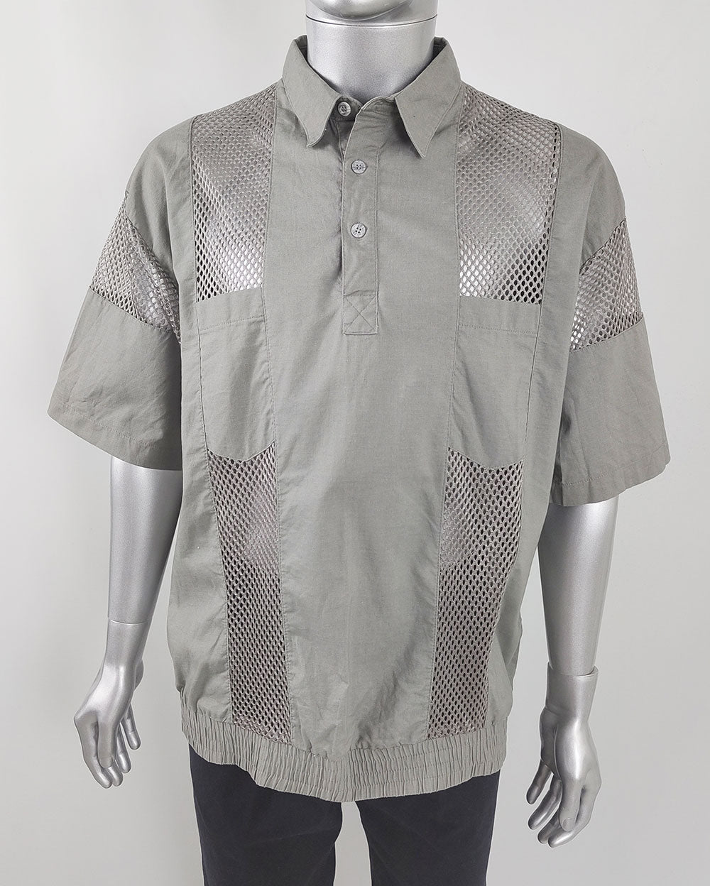 Vintage Mens Grey Sheer Mesh Panel Short Sleeve Shirt