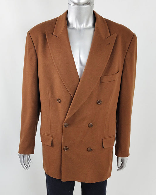 An image of a vintage brown wool and cashmere mens blazer with double breasted buttons, peak lapels and large shoulder pads.