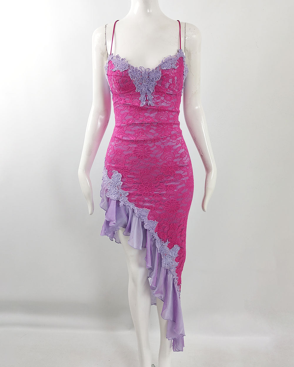 Catwalk Collection Vintage Hot Pink Lace & Purple Chiffon Dress, 2000s