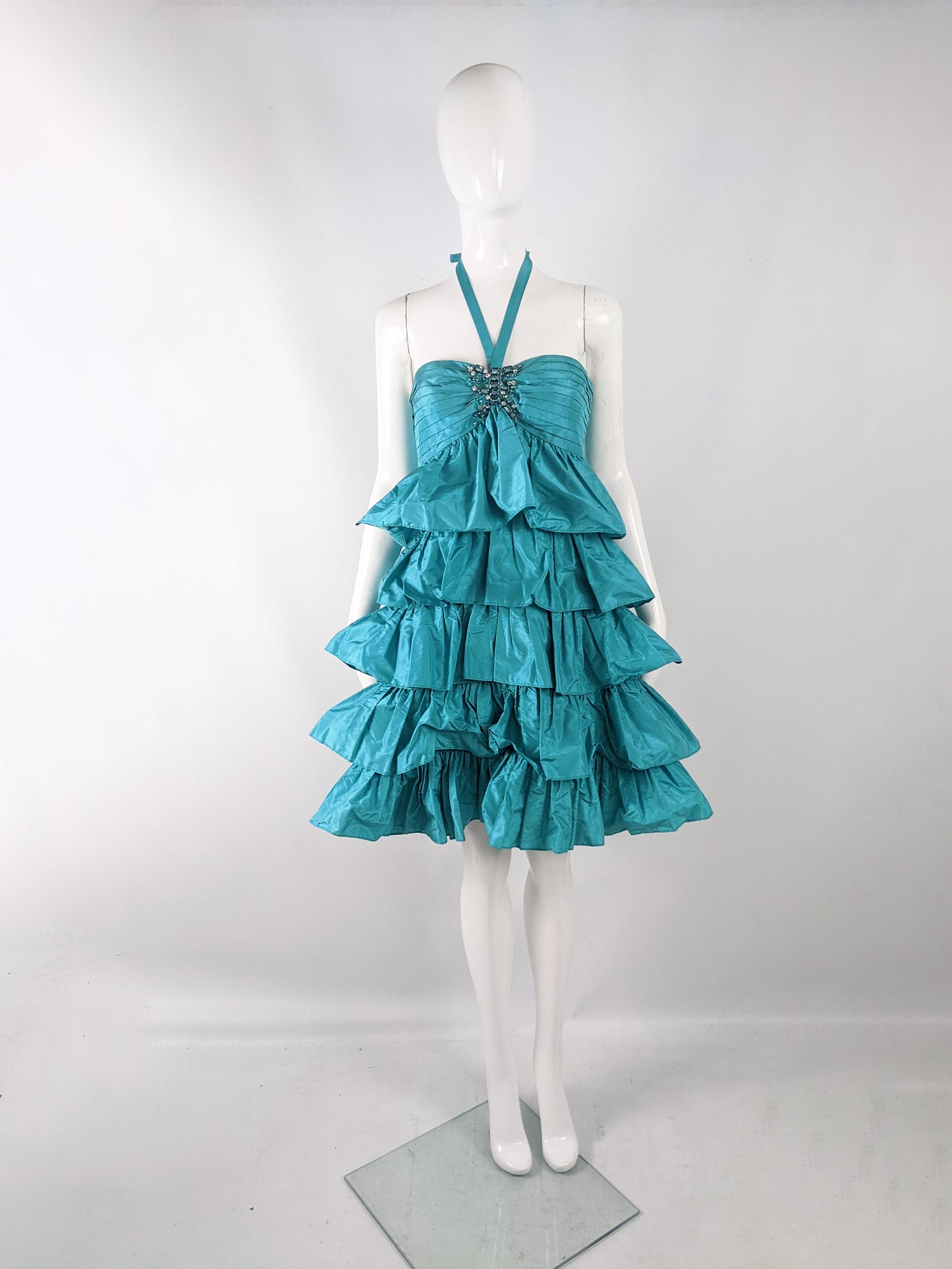 Blumarine Blugirl Vintage y2k Teal Silk Taffeta Ruffled Dress, 2000s