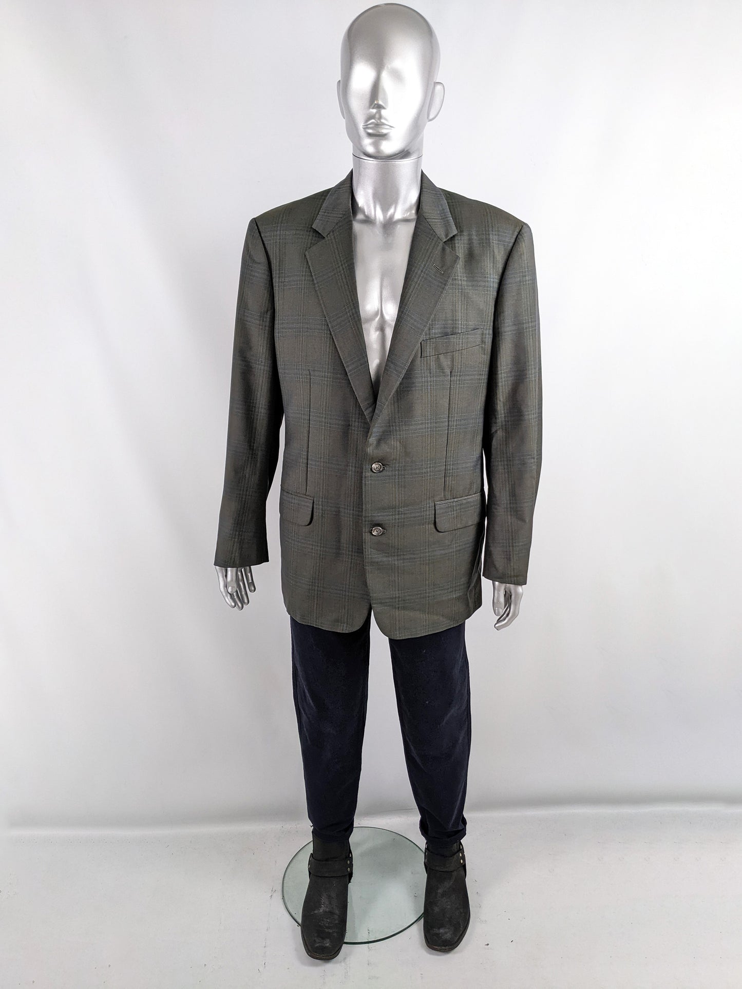 Corneliani Vintage Mens Green Checked Blazer, 1980s