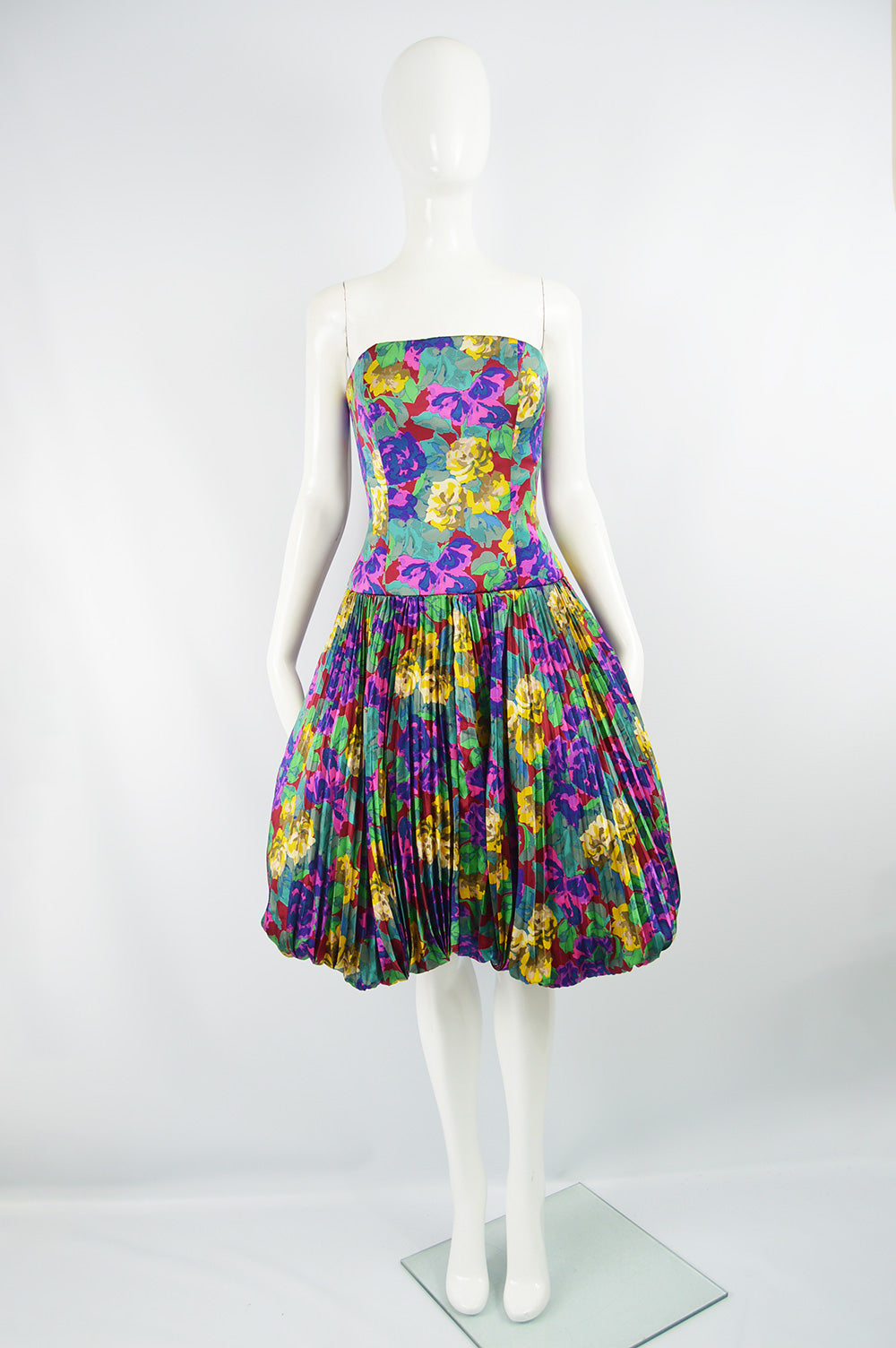 Womens Vintage Silk Pleated Floral Dress, Fall 1988