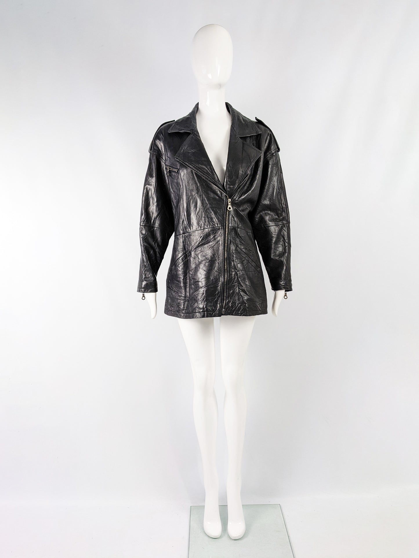 Vintage Womens Black Leather Biker Jacket, 1980s