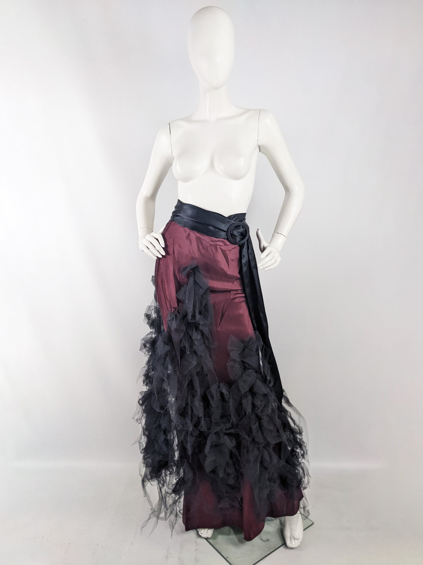 David Fielden Vintage Red Taffeta & Black Tulle Gothic Skirt, 1980s