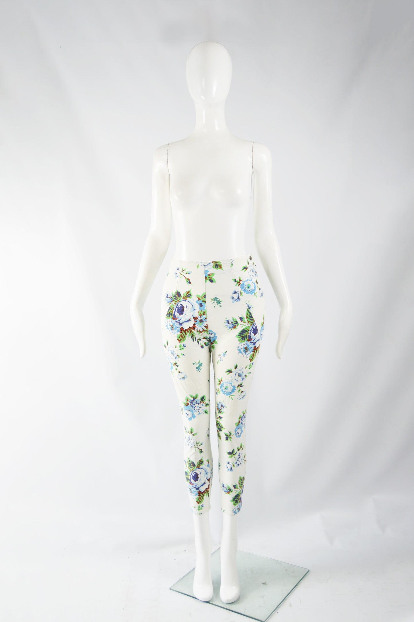 Vintage Womens White Floral Print Crop Skinny Jeans, 1990s