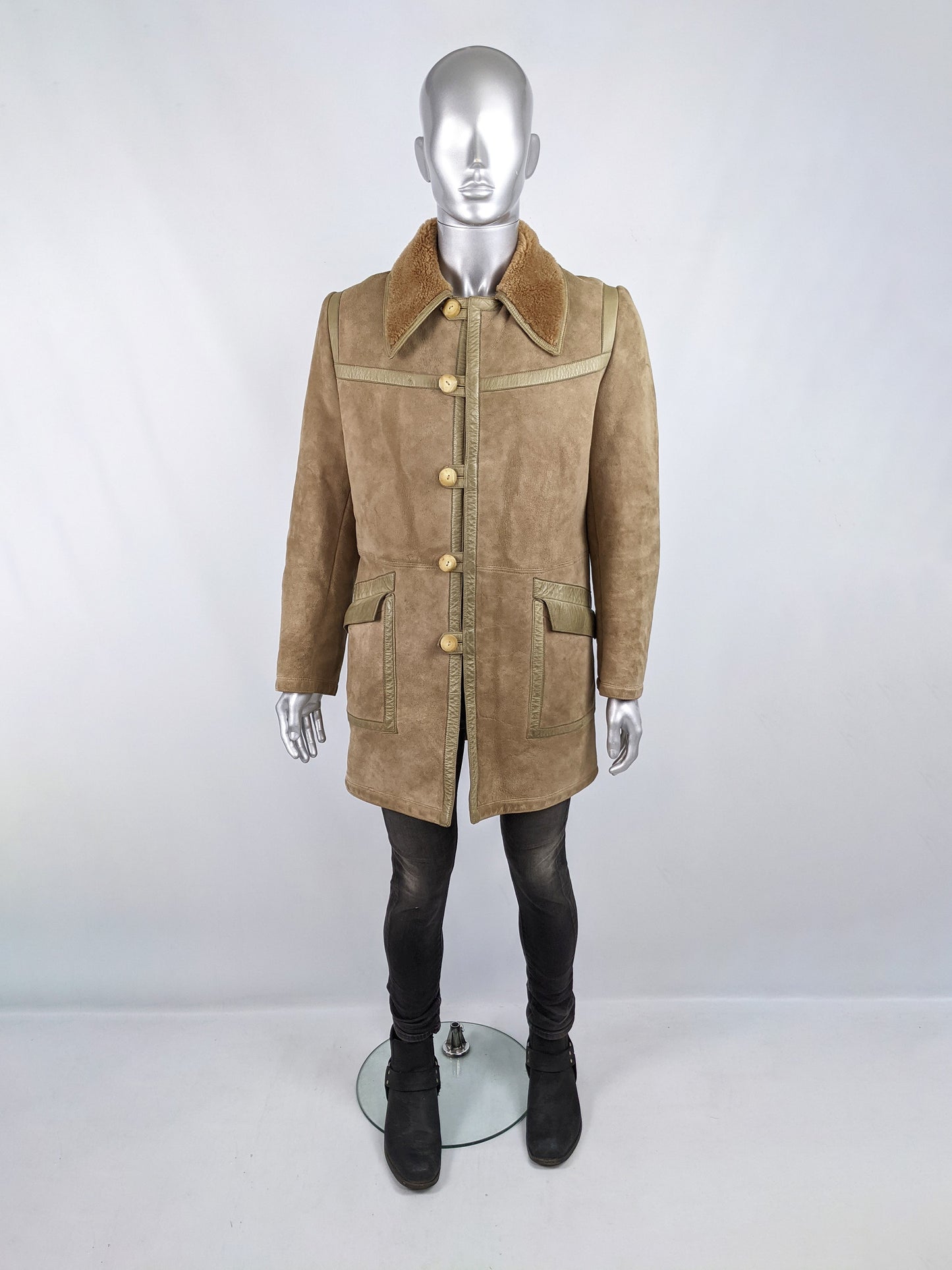 Mens Vintage Leather Trim Sheepskin & Shearling Coat, 1970s