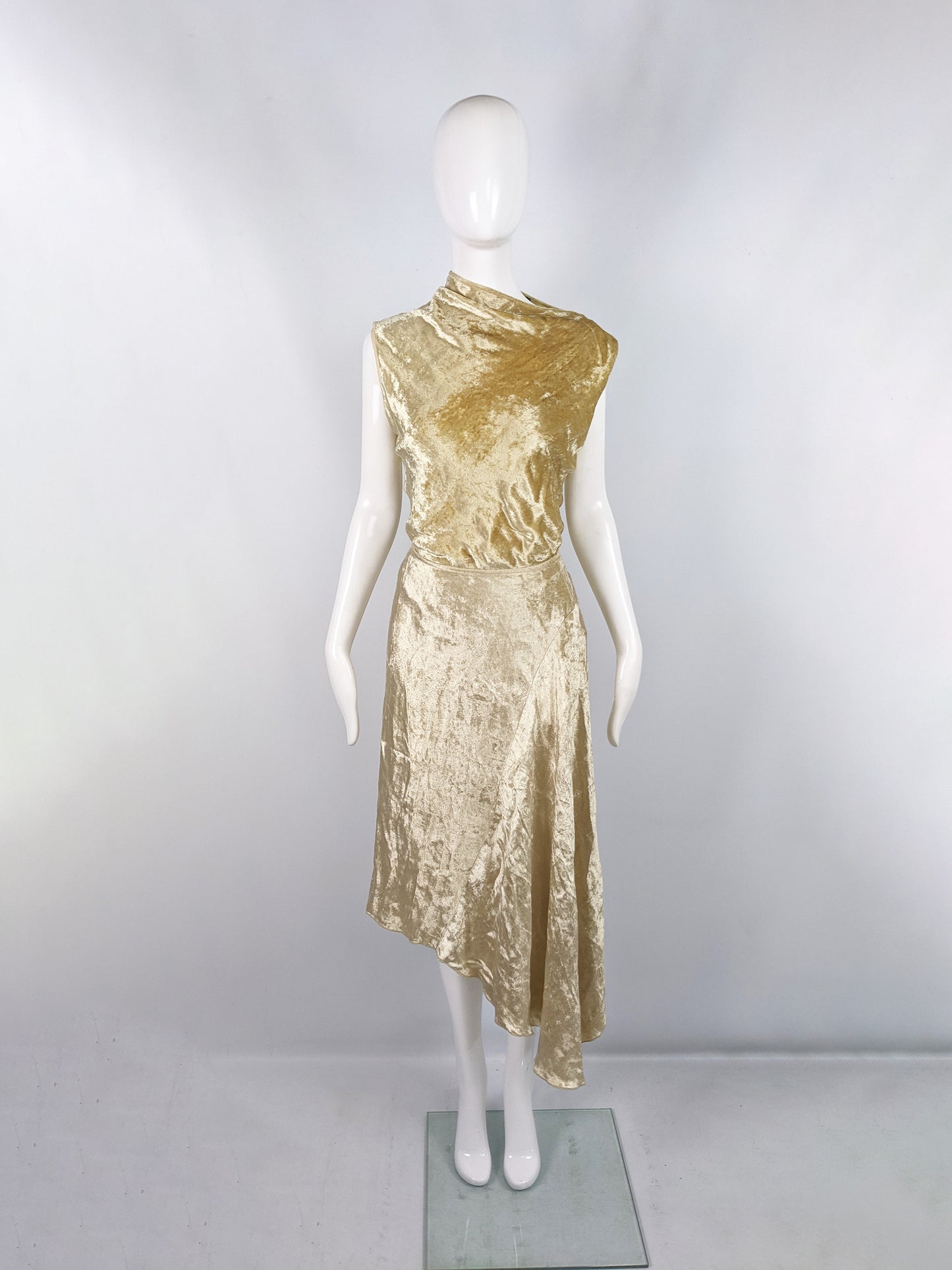 Vintage Gold Velvet Two Piece Asymmetric Top & Skirt Set, 1990s