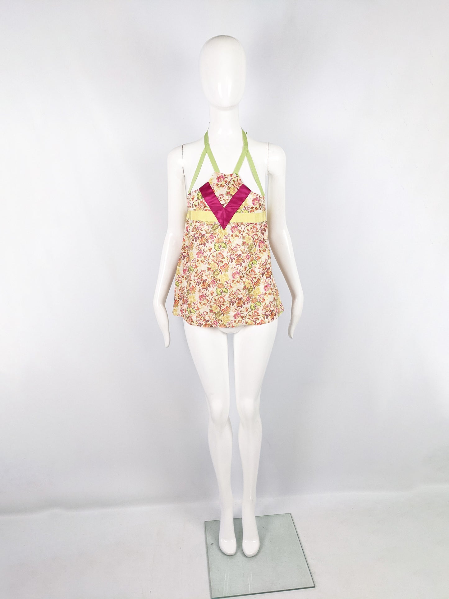 Cute Vintage Floral Print Strappy Halter Top, 2000s