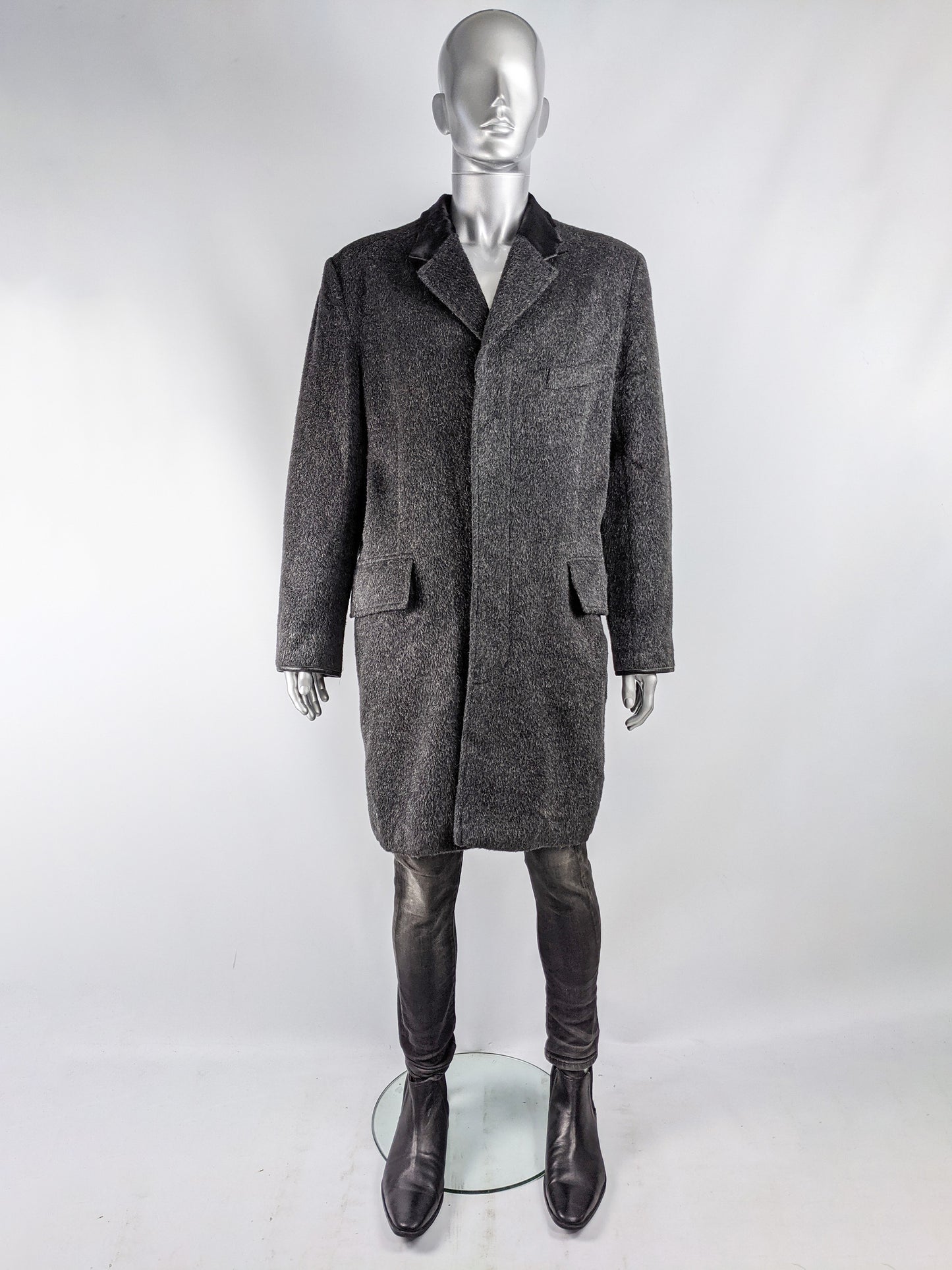 Mens Vintage Grey Wool & Ponyskin Chesterfield Coat, 1990s