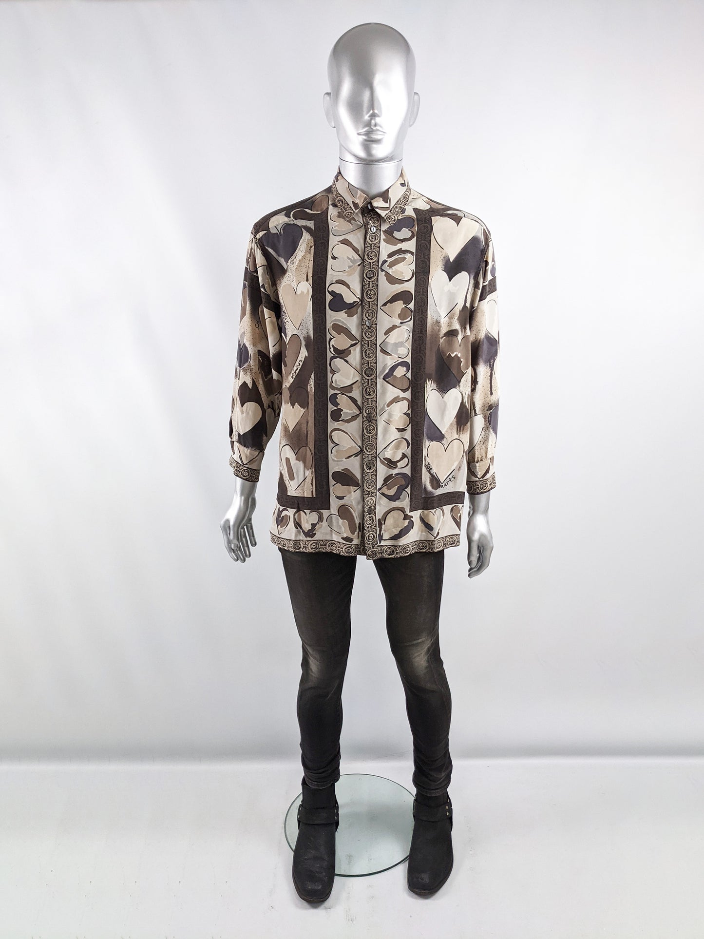 Joseph Mens Vintage Love Heart Print Pure Silk Shirt, 1980s