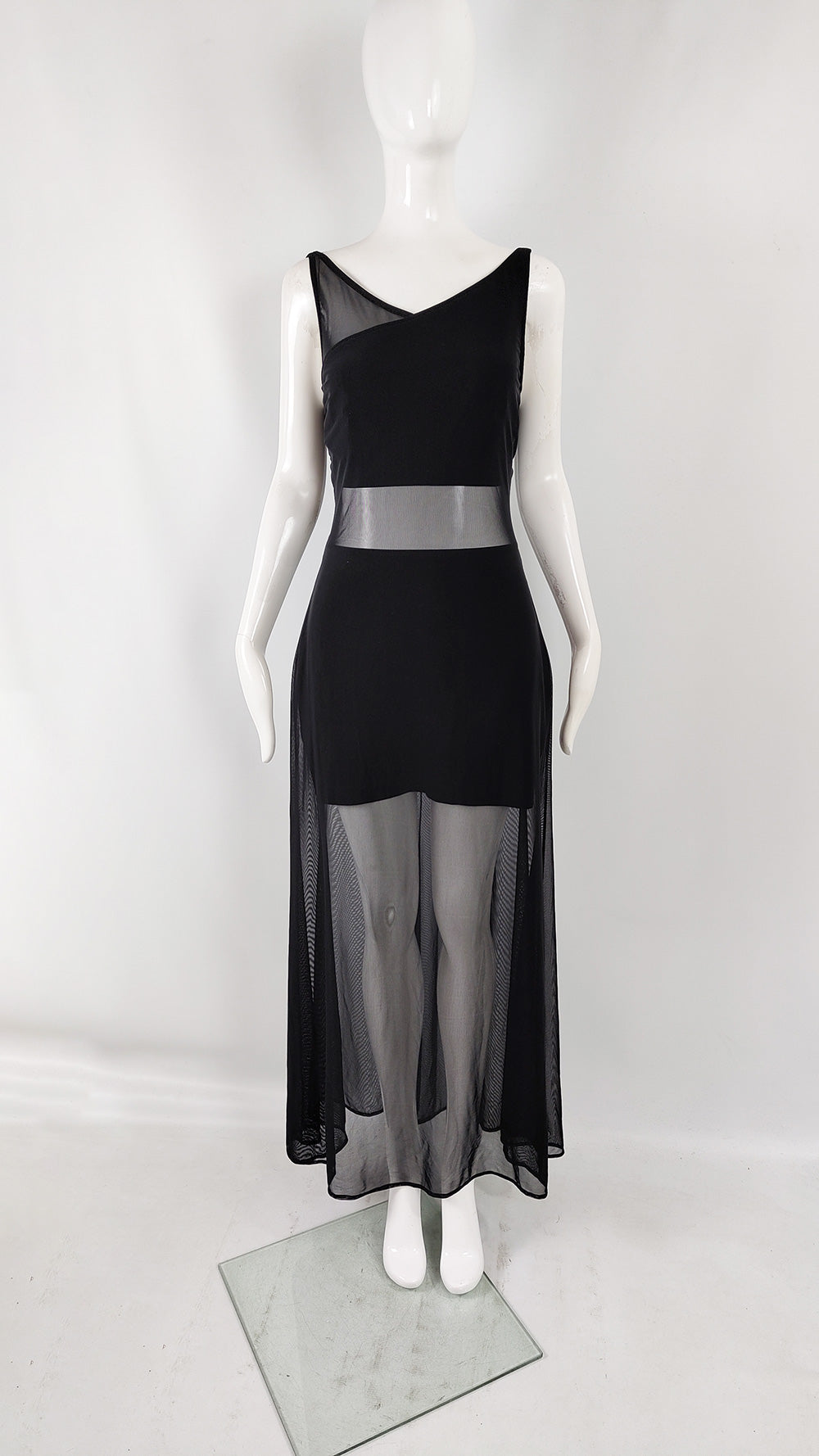Tadashi Vintage Black Mesh Cut Out Evening Gown, 1980s