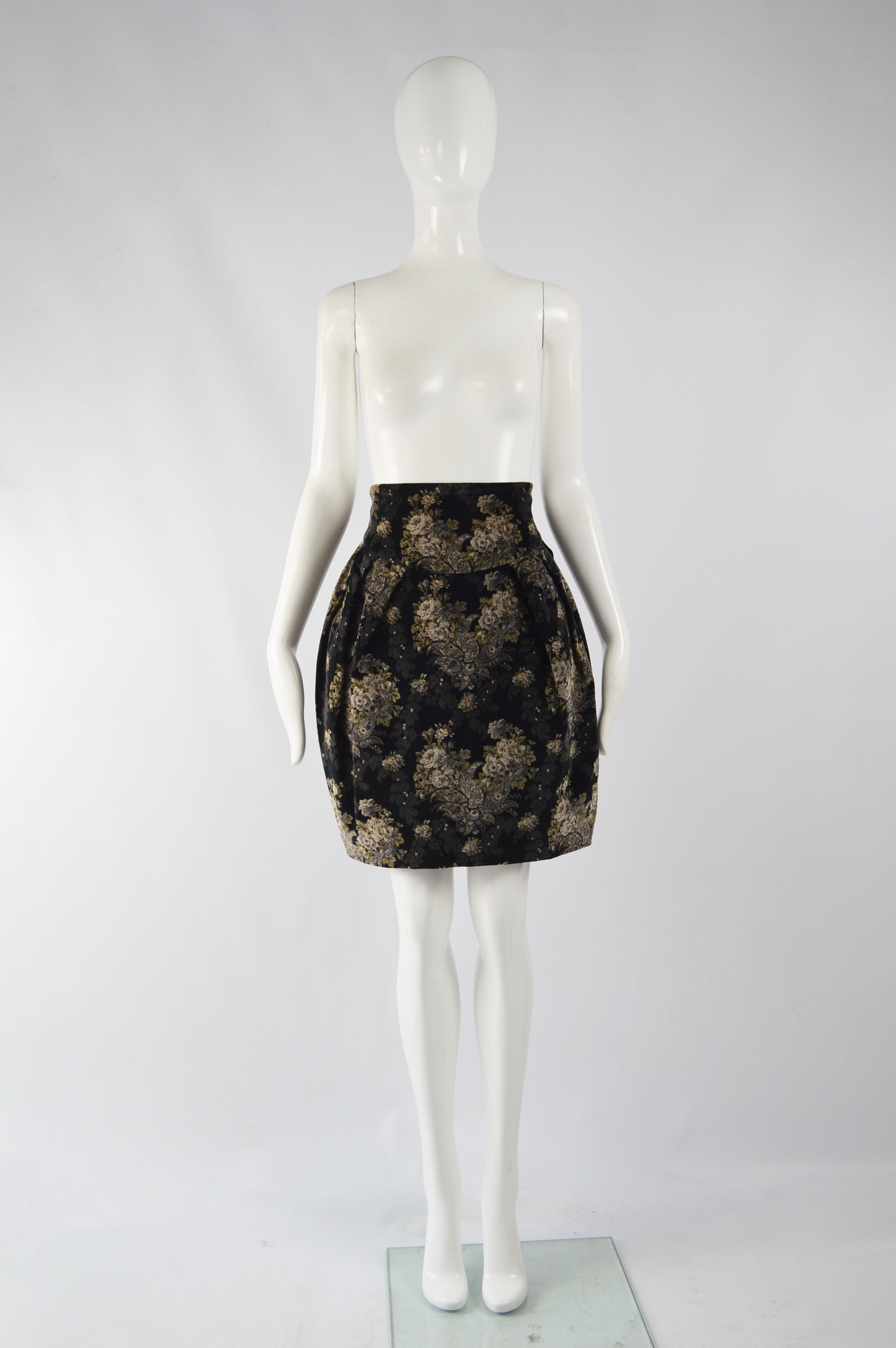 Womens Vintage Black Velvet Floral Print Skirt, 1980s