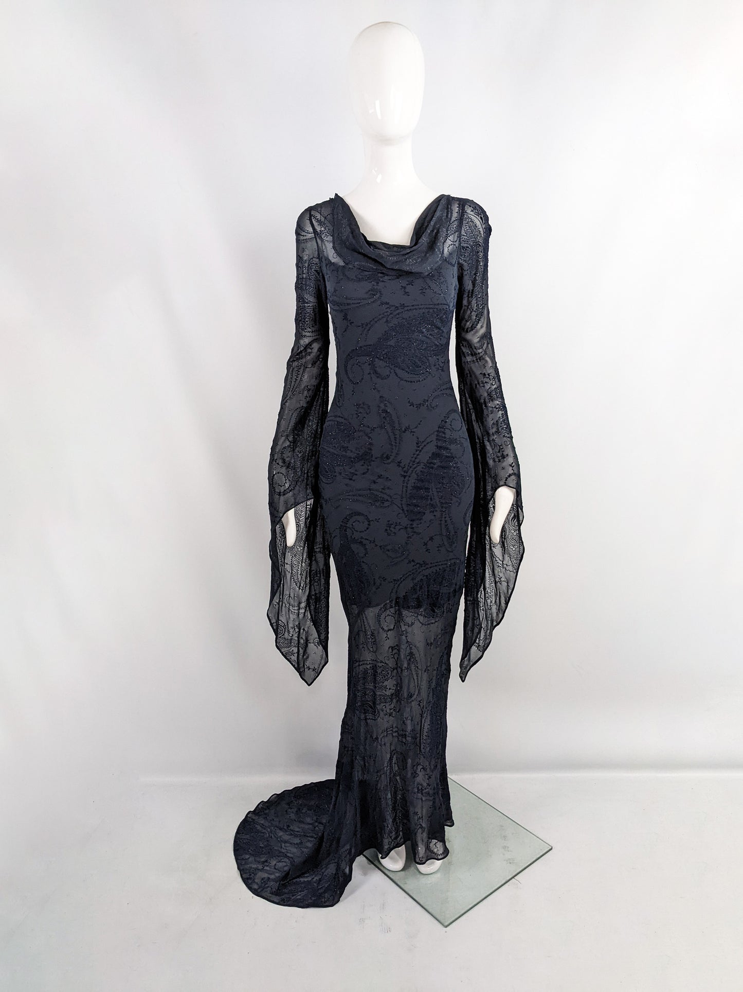 Ronit Zilkha Vintage Midnight Blue Silk Devore Witchy Dress, 2000s