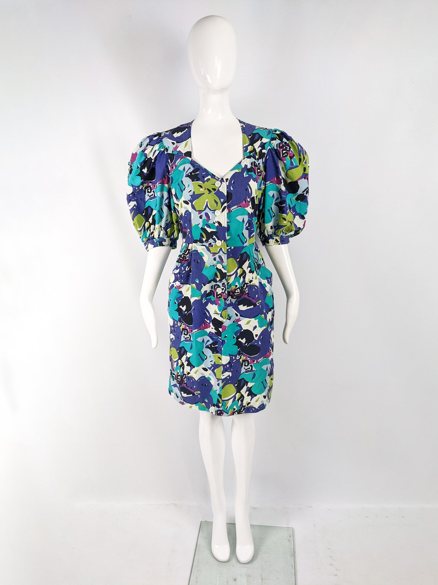 Vintage Bright Multicoloured Puff Sleeve Cotton Dress, 1980s