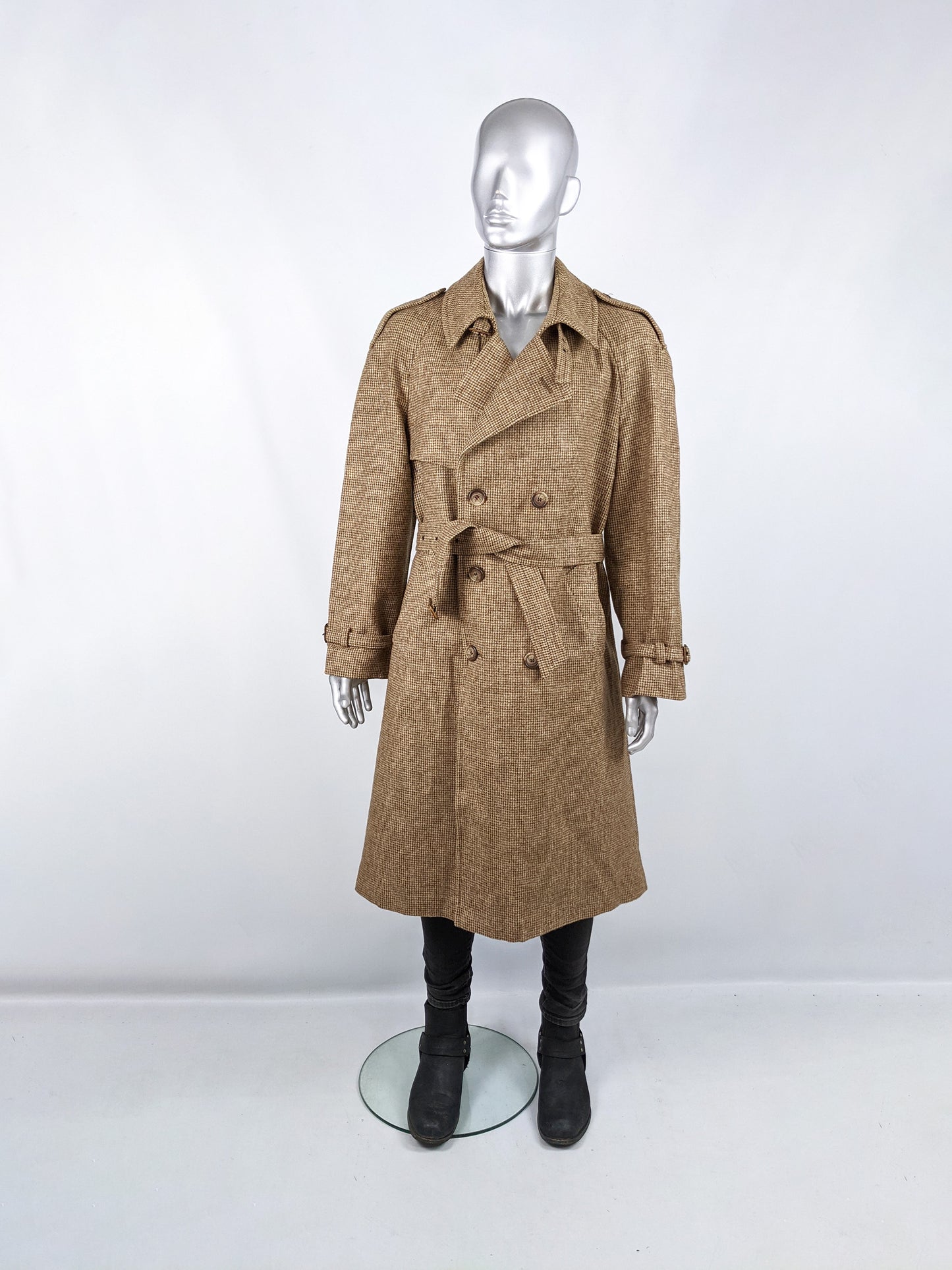 Mens Vintage Double Breasted Brown Tweed Coat, 1970s