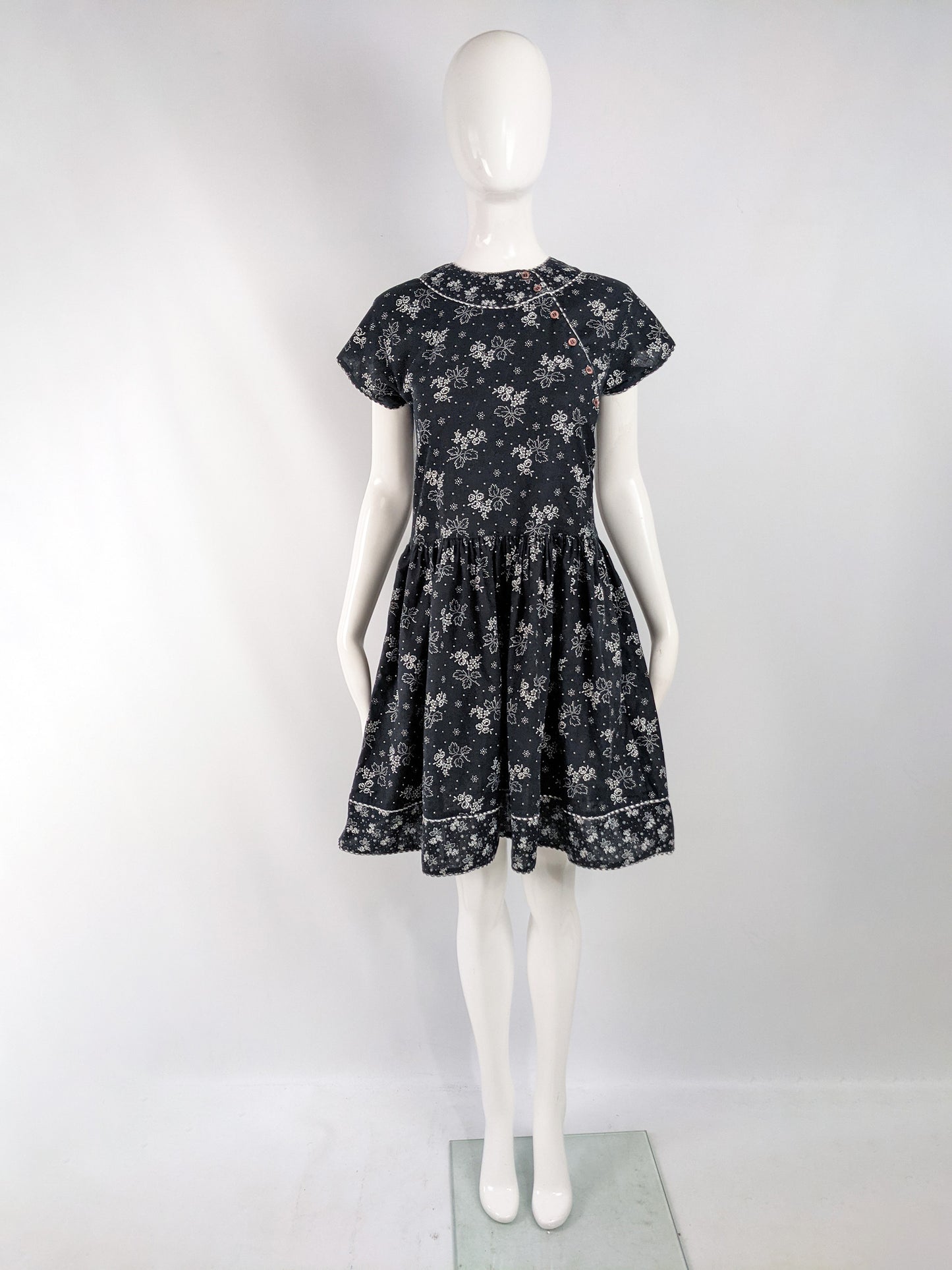 Kenzo Vintage Black & White Asian Floral Drop Waist Dress, 1980s