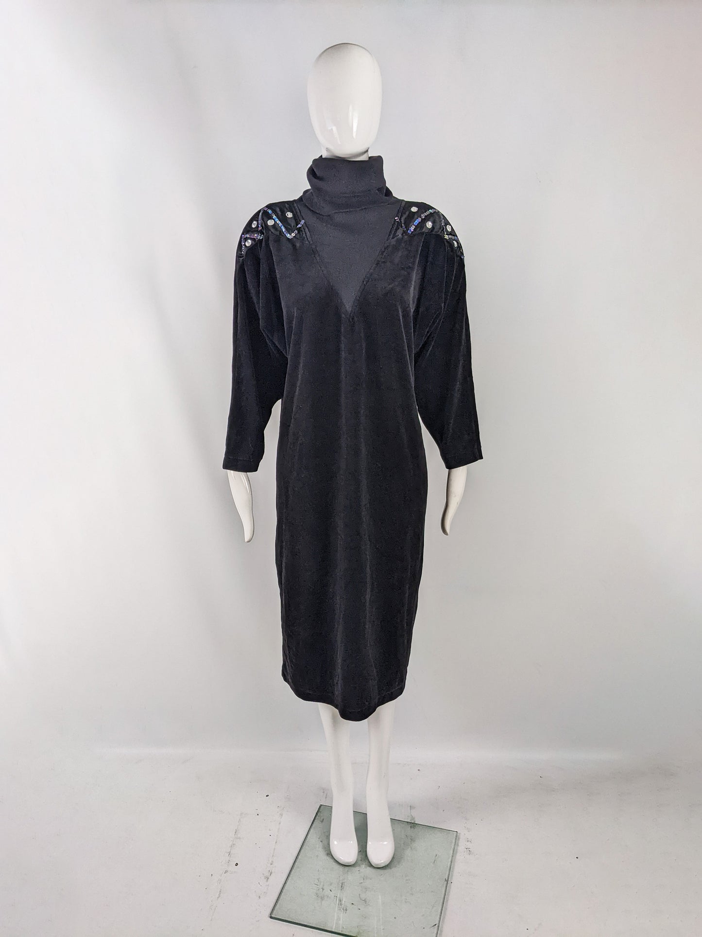 Vintage Black Velour Beaded Oversized Party Dress, 1980s