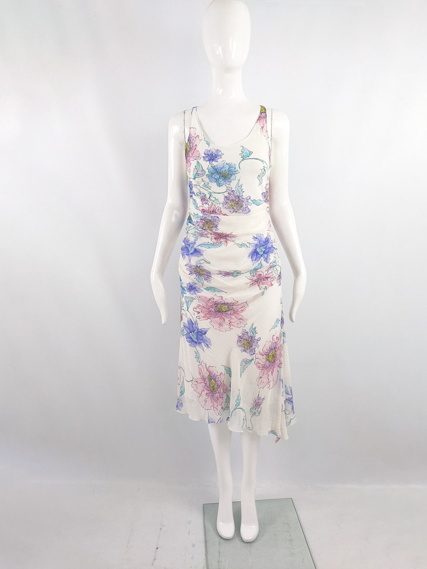 Emanuel Ungaro Vintage Off White Silk Floral Print Dress, 2000s