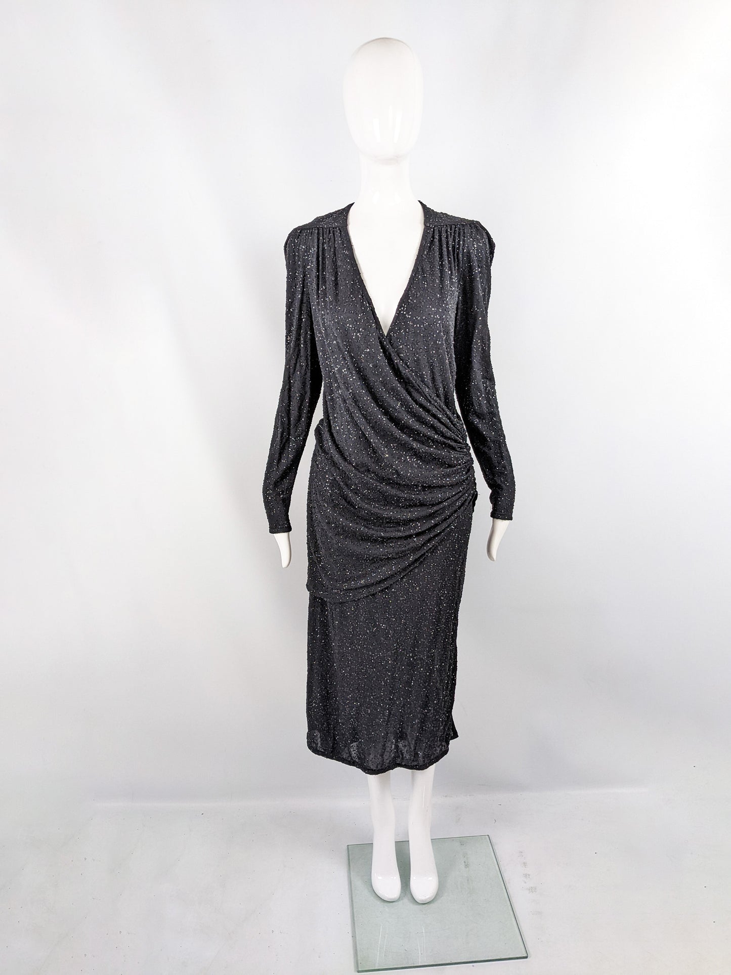 Frank Usher Vintage Black Sequin Glitter Effect Evening Dress, 1980s