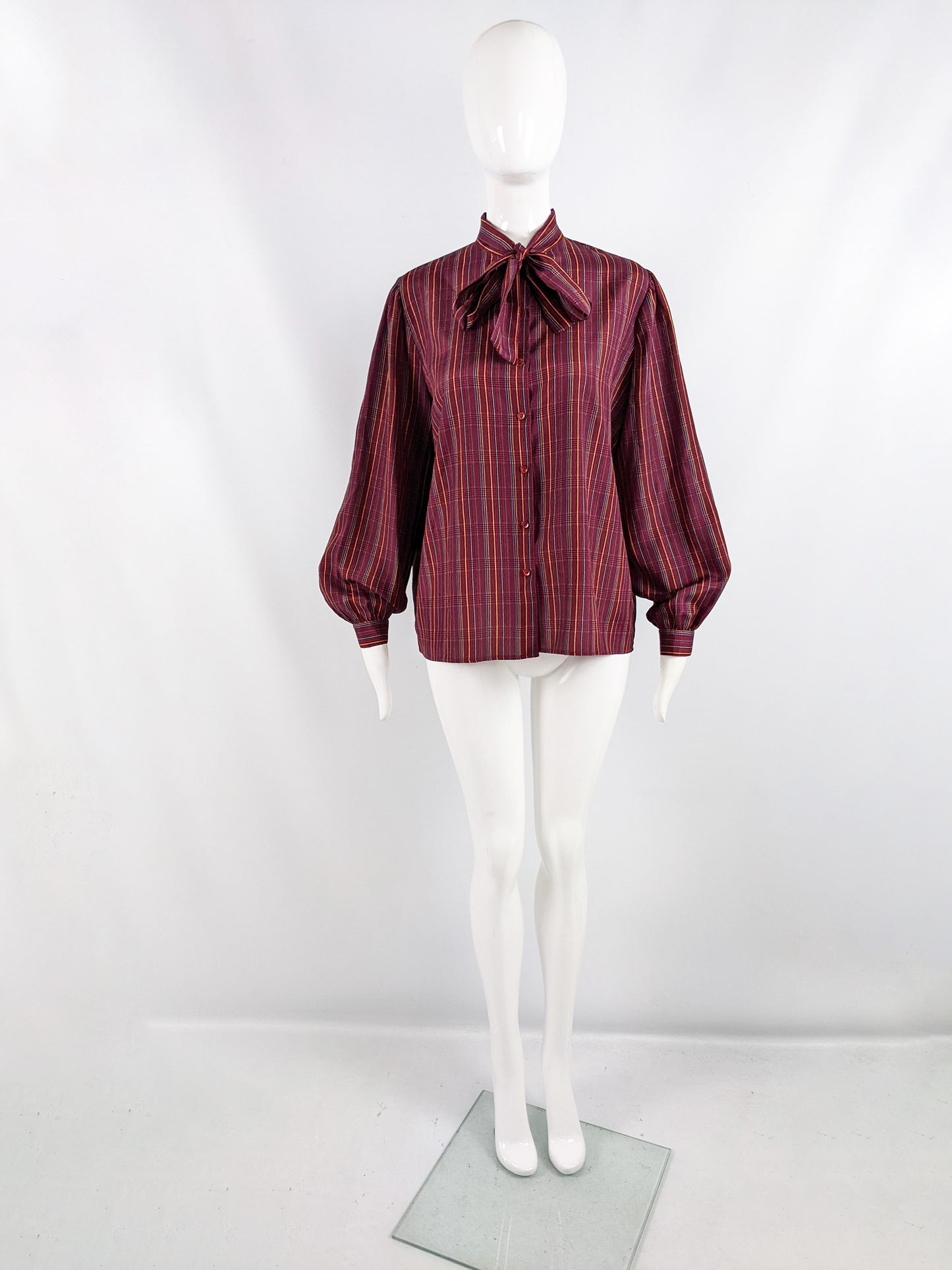 Aquascutum Vintage Dark Pink Checked Pussy Bow Blouse, 1980s