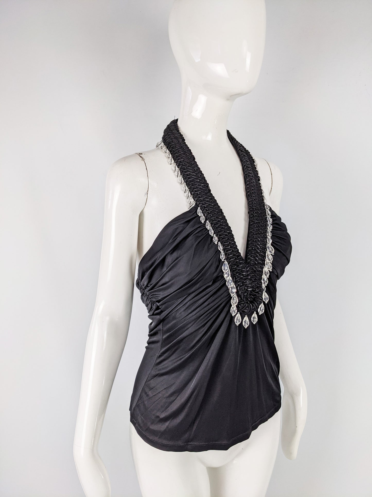 Vintage Black Silky Jersey Beaded Halter Top, S/S 2006