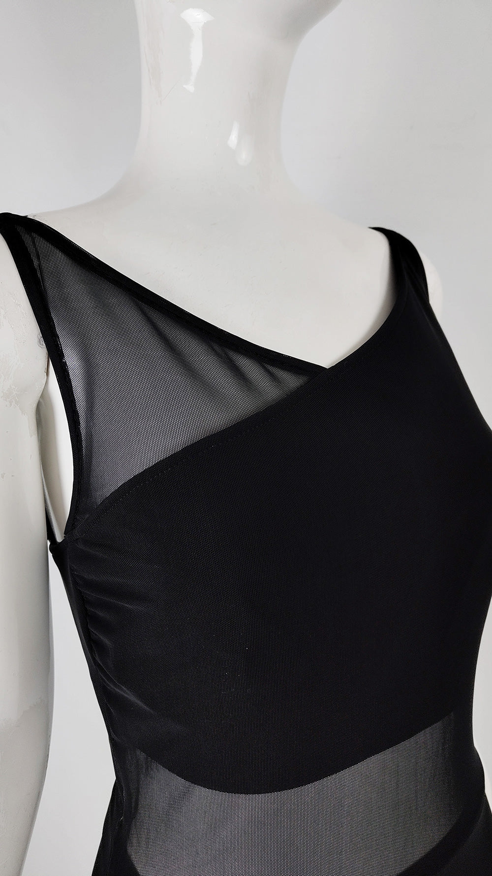 Tadashi Vintage Black Mesh Cut Out Evening Gown, 1980s