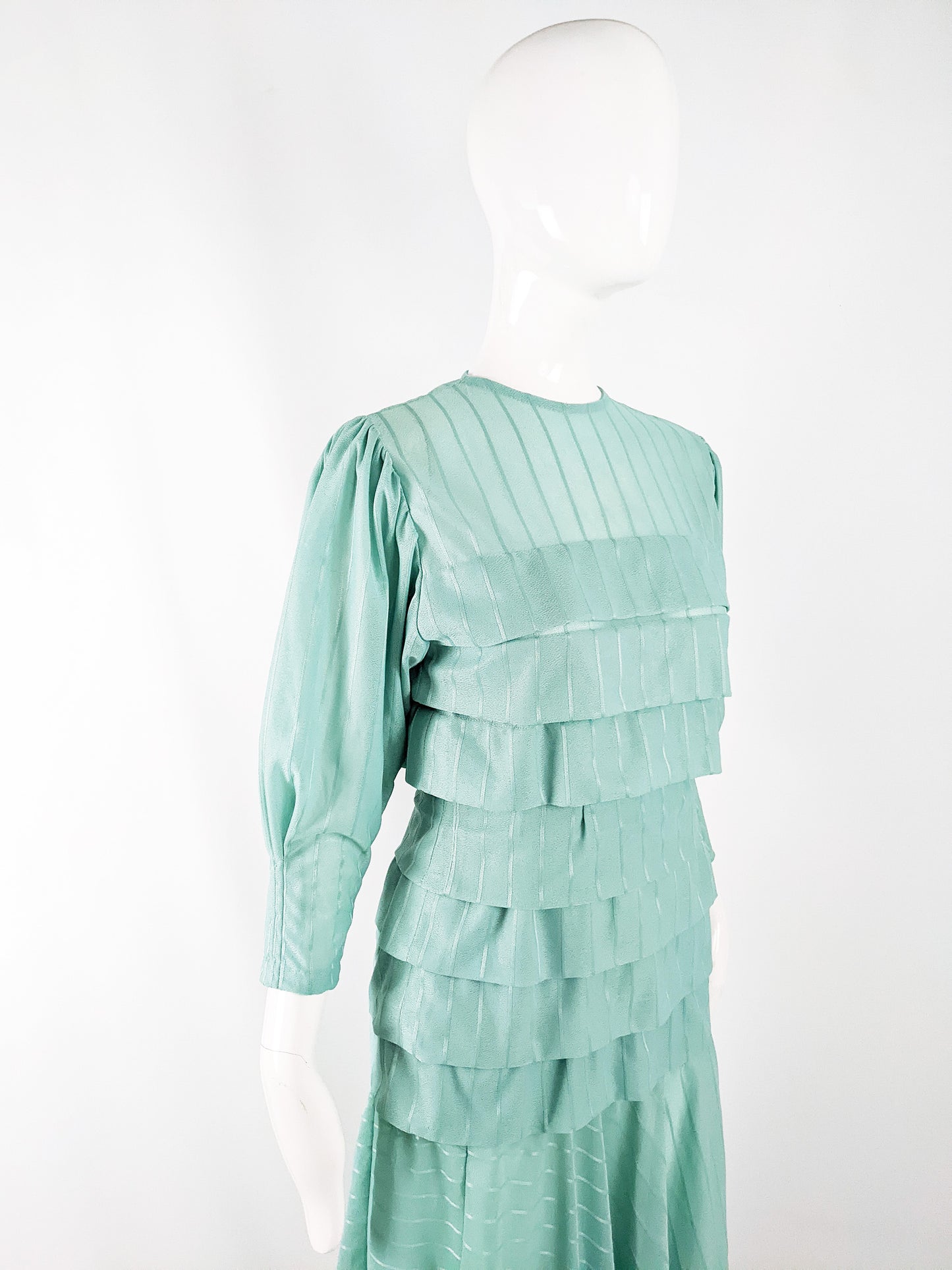 Vintage Mint Tiered Puff Sleeve Dress, 1970s