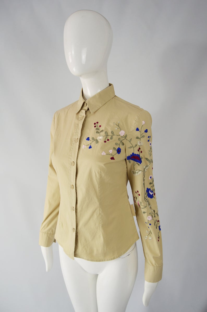 Womens Floral Embroidered Khaki Shirt, 1990s
