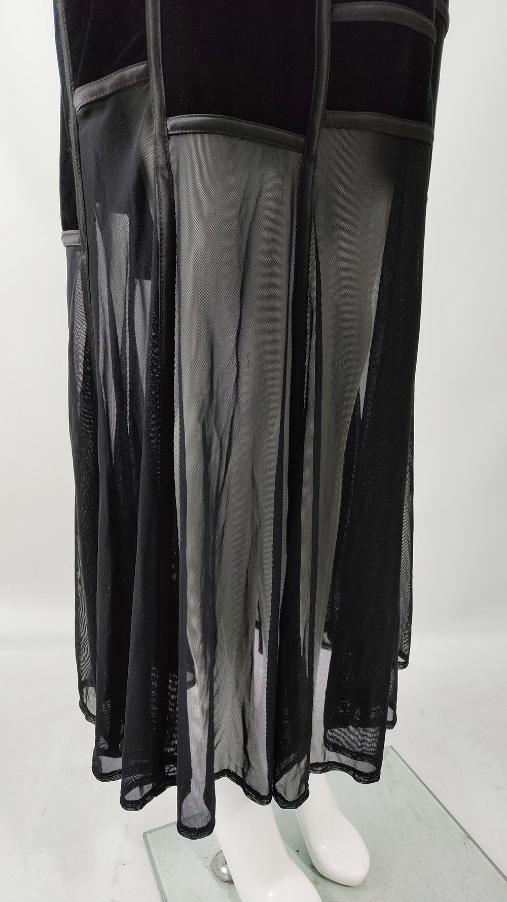 Tadashi Vintage Black Velvet & Sheer Mesh Evening Dress, 1990s